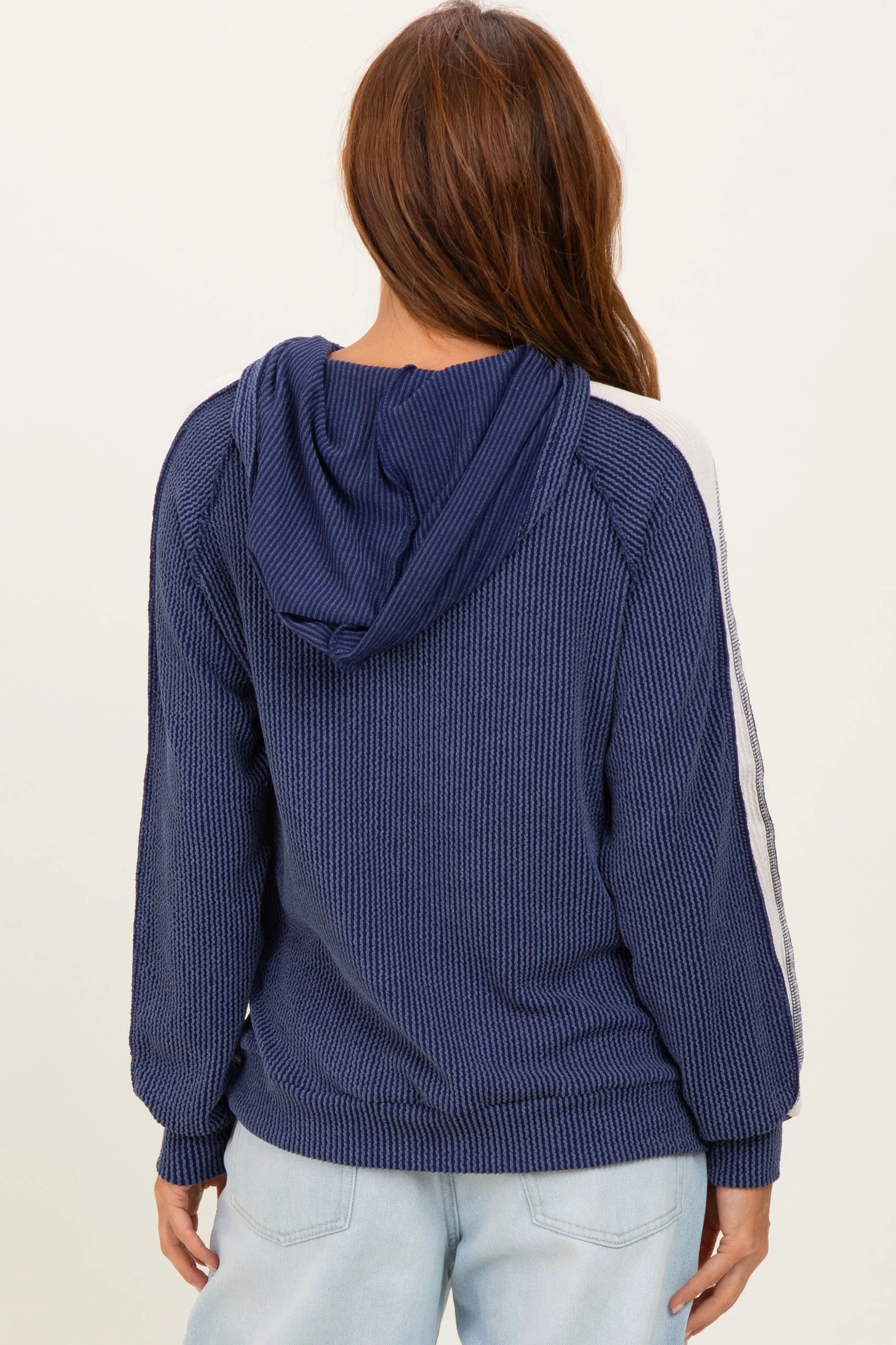 Navy Textured Rib Colorblock Hoodie sold by Pinkblush product image thumbnail 4