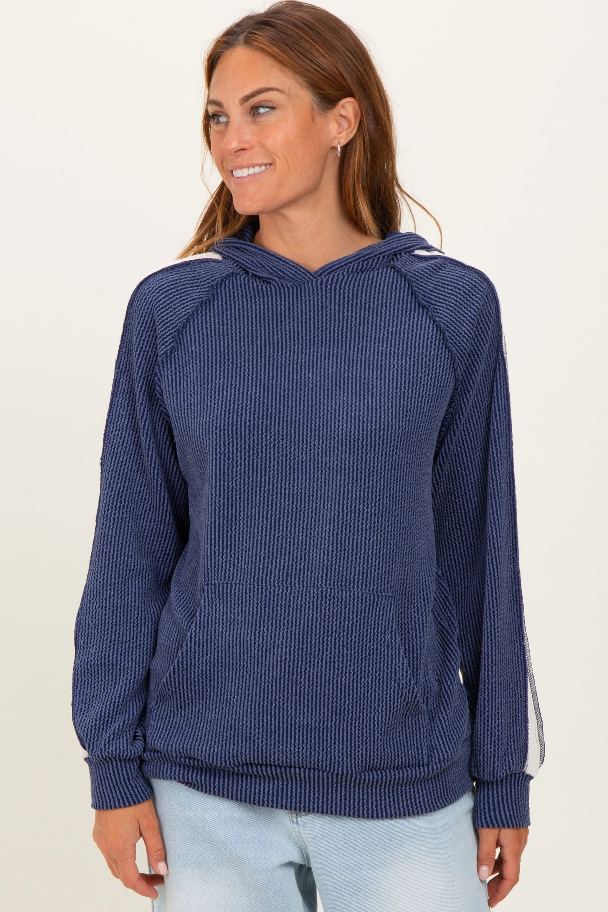 Navy Textured Rib Colorblock Hoodie sold by Pinkblush