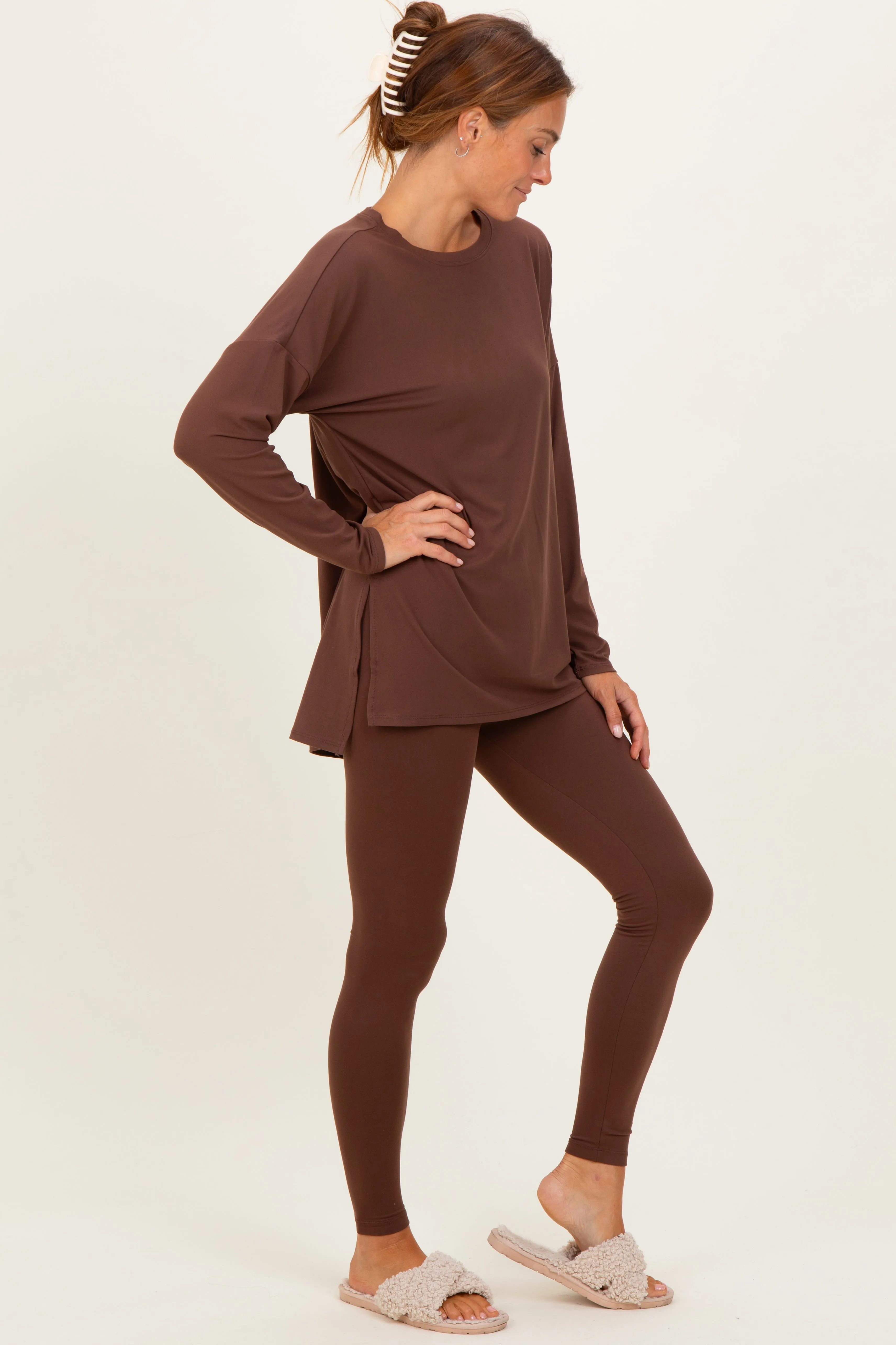 Brown Brushed Knit Oversized Top and Legging Set sold by Pinkblush product image thumbnail 3
