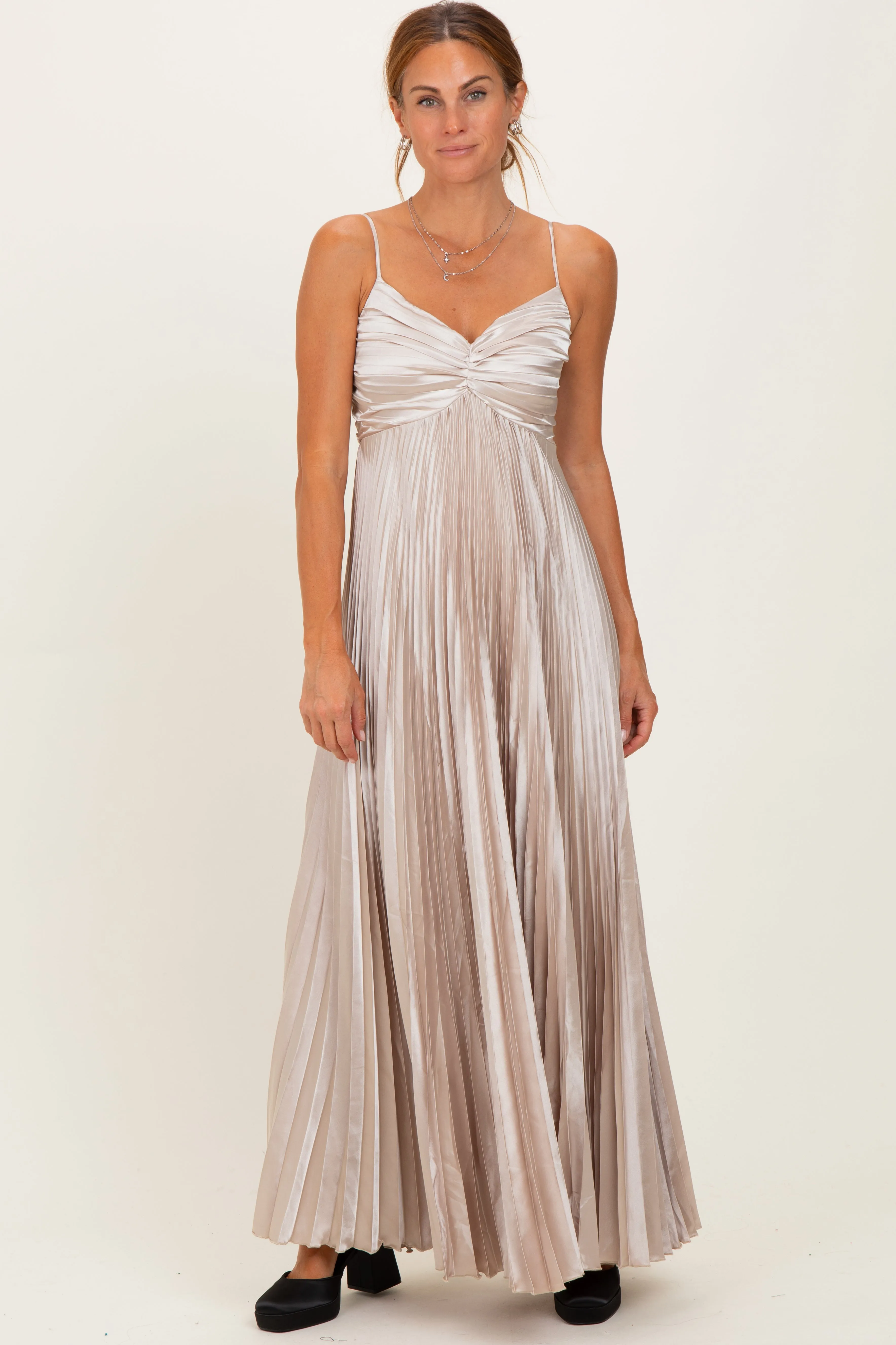 Beige Pleated Satin Sleeveless Maxi Dress sold by Pinkblush product image thumbnail 2