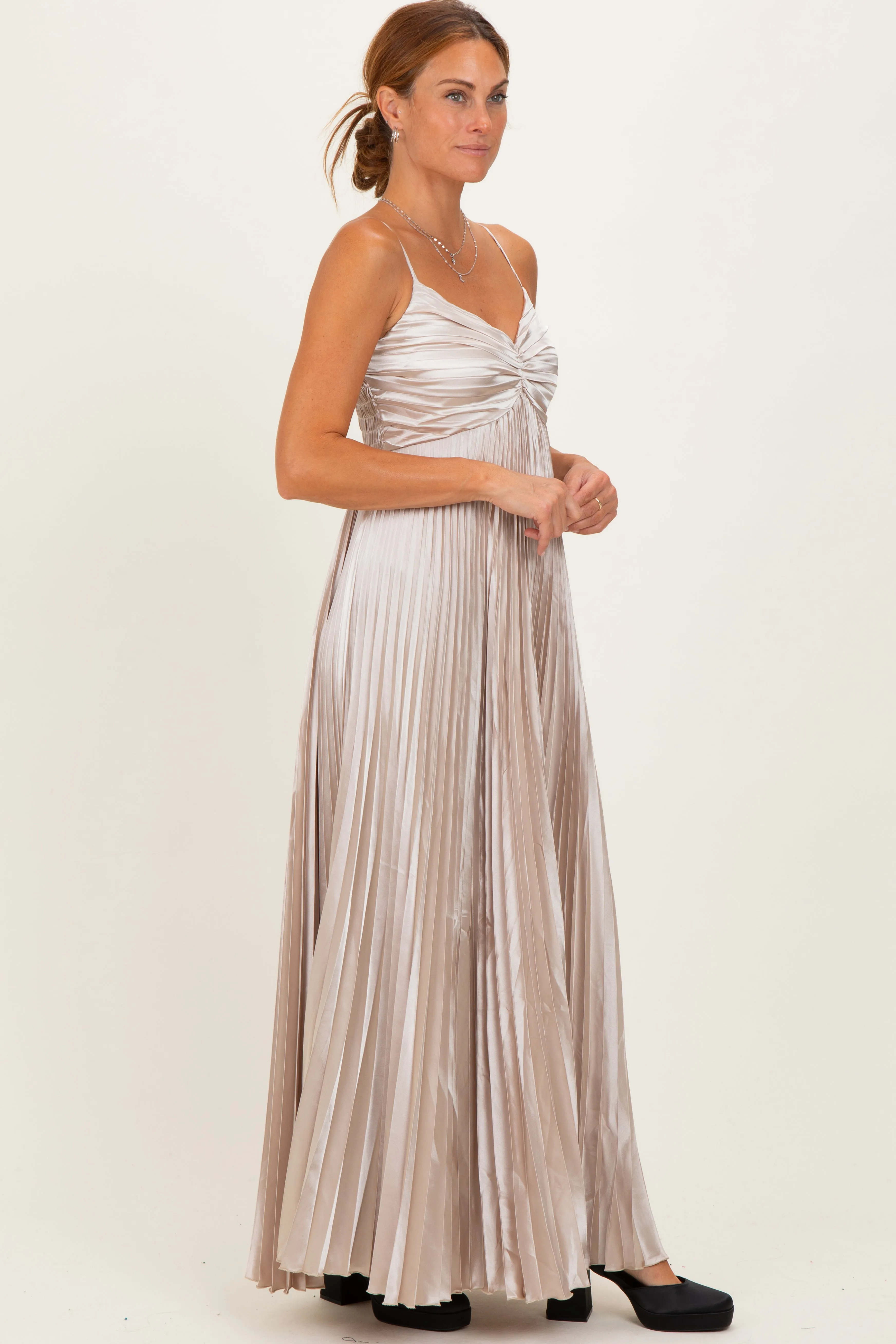Beige Pleated Satin Sleeveless Maxi Dress sold by Pinkblush product image thumbnail 3