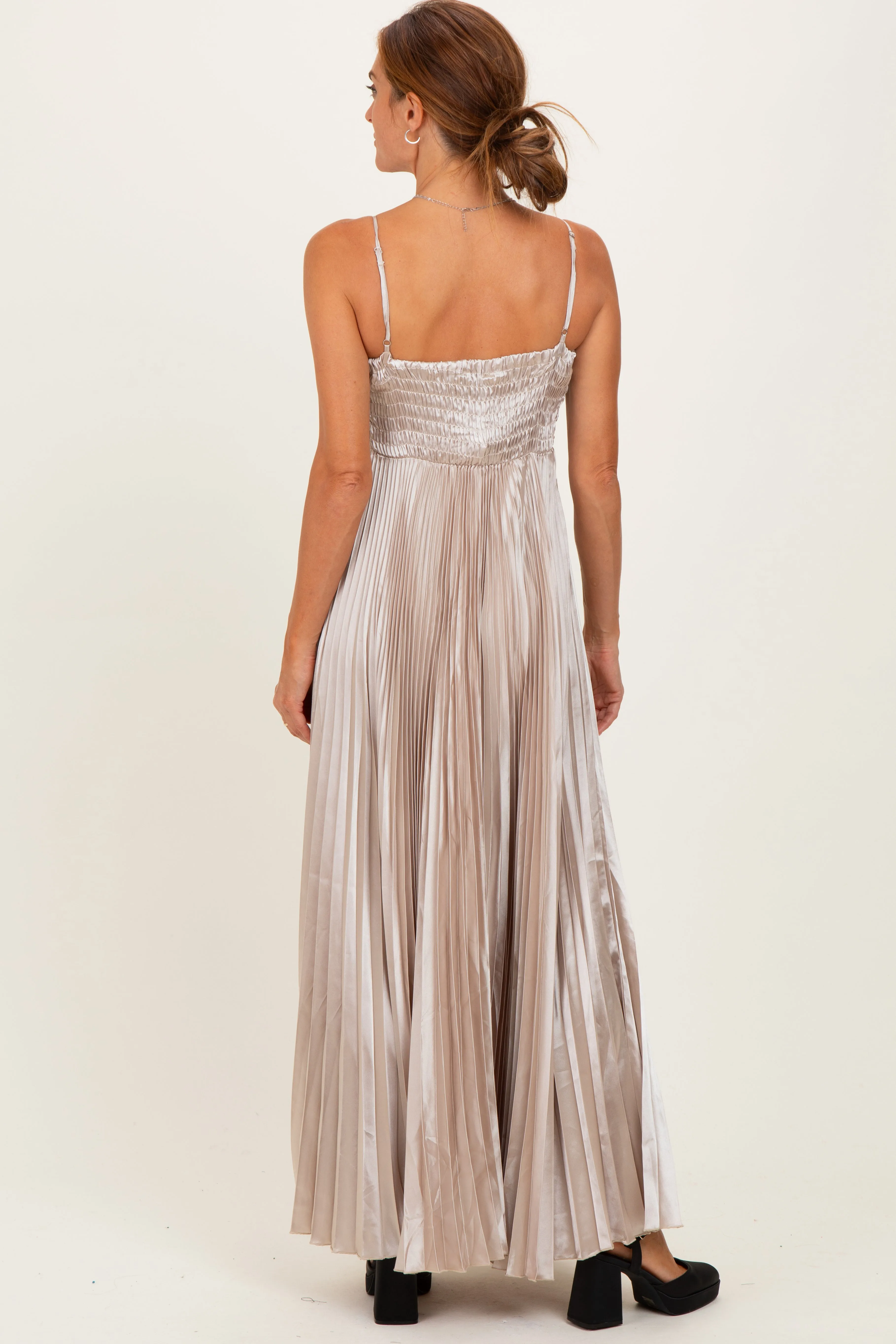 Beige Pleated Satin Sleeveless Maxi Dress sold by Pinkblush product image thumbnail 4