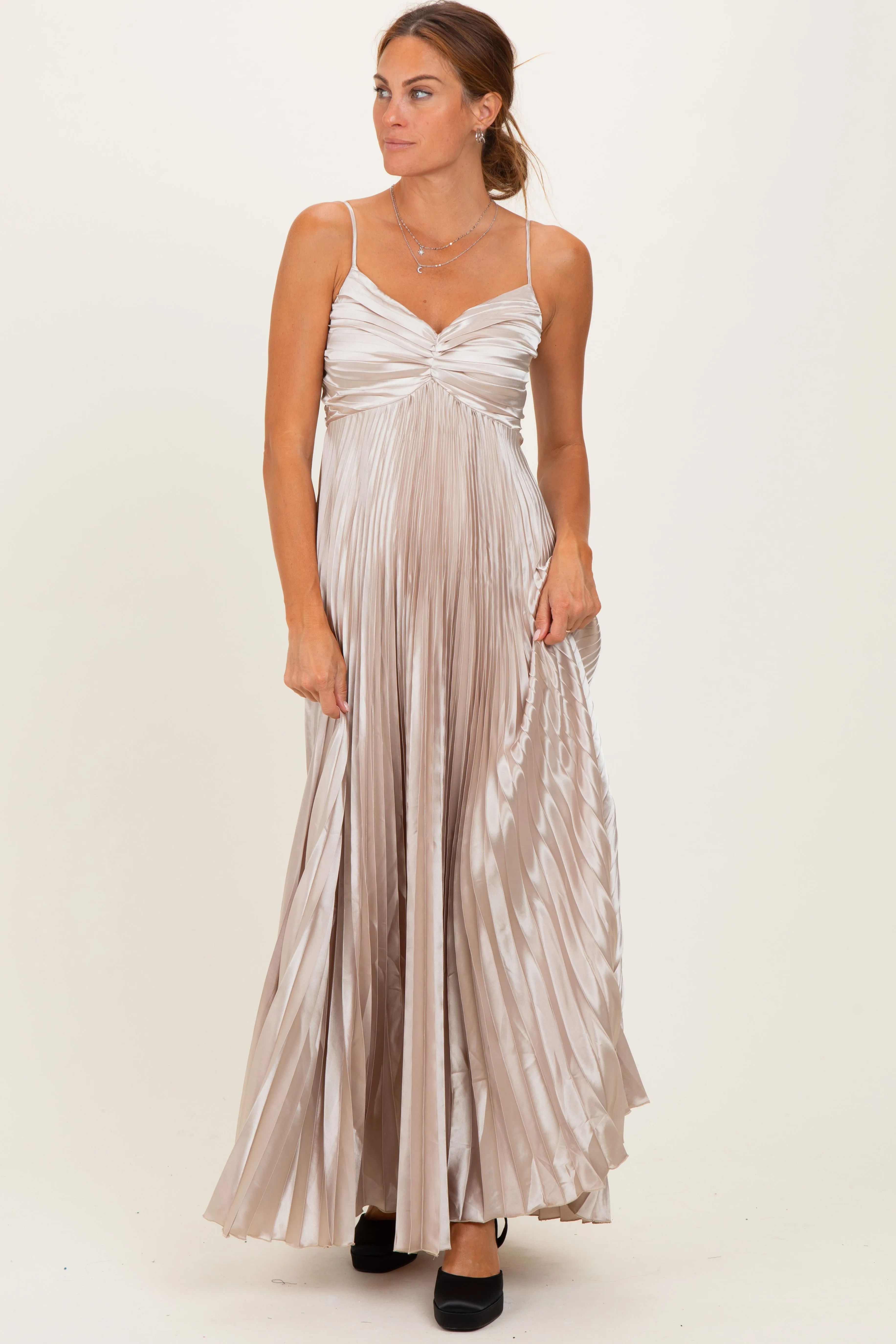 Beige Pleated Satin Sleeveless Maxi Dress sold by Pinkblush