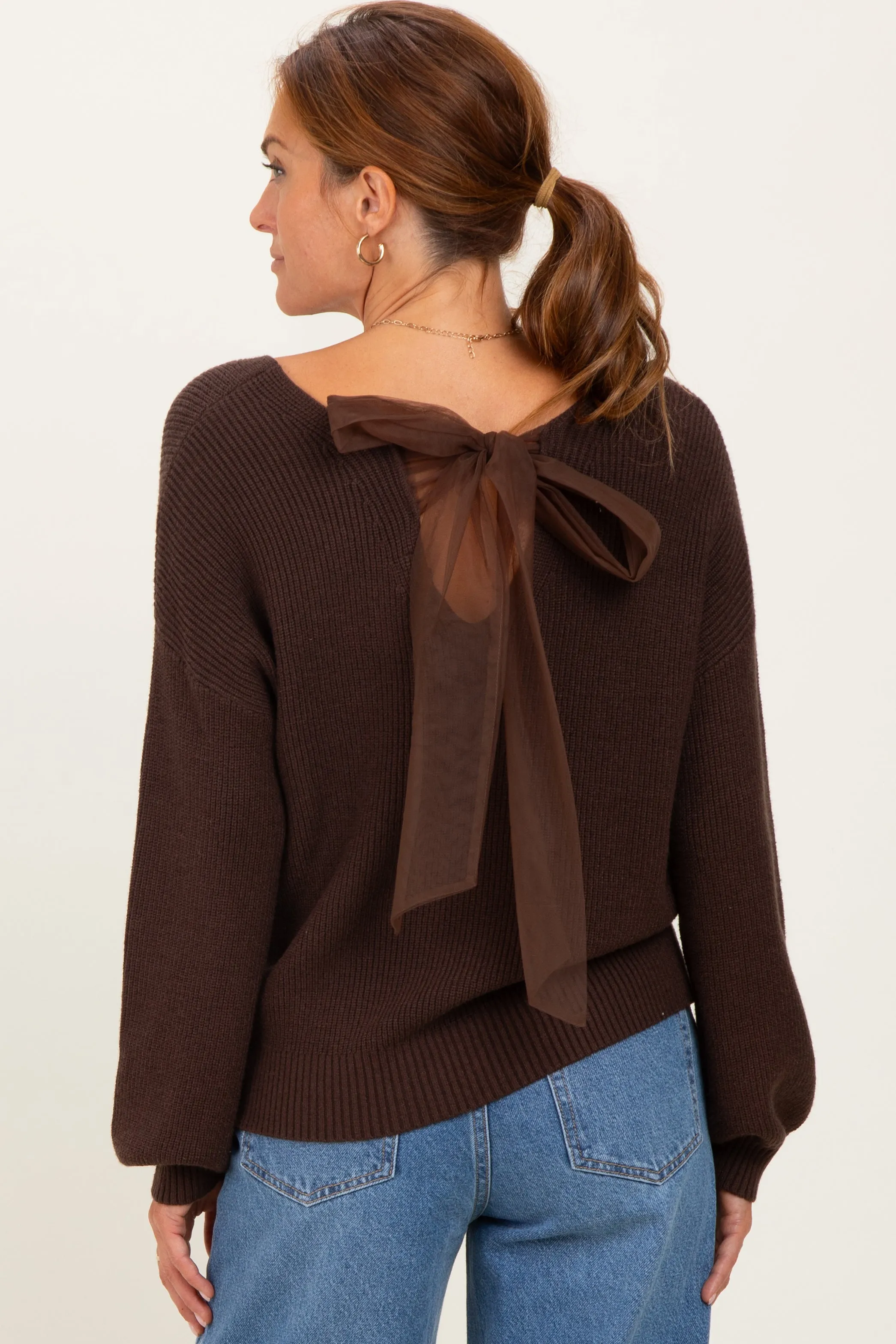 Brown V-Neck Drop Shoulder Back Bow Tie Detail Sweater sold by Pinkblush product image thumbnail 4