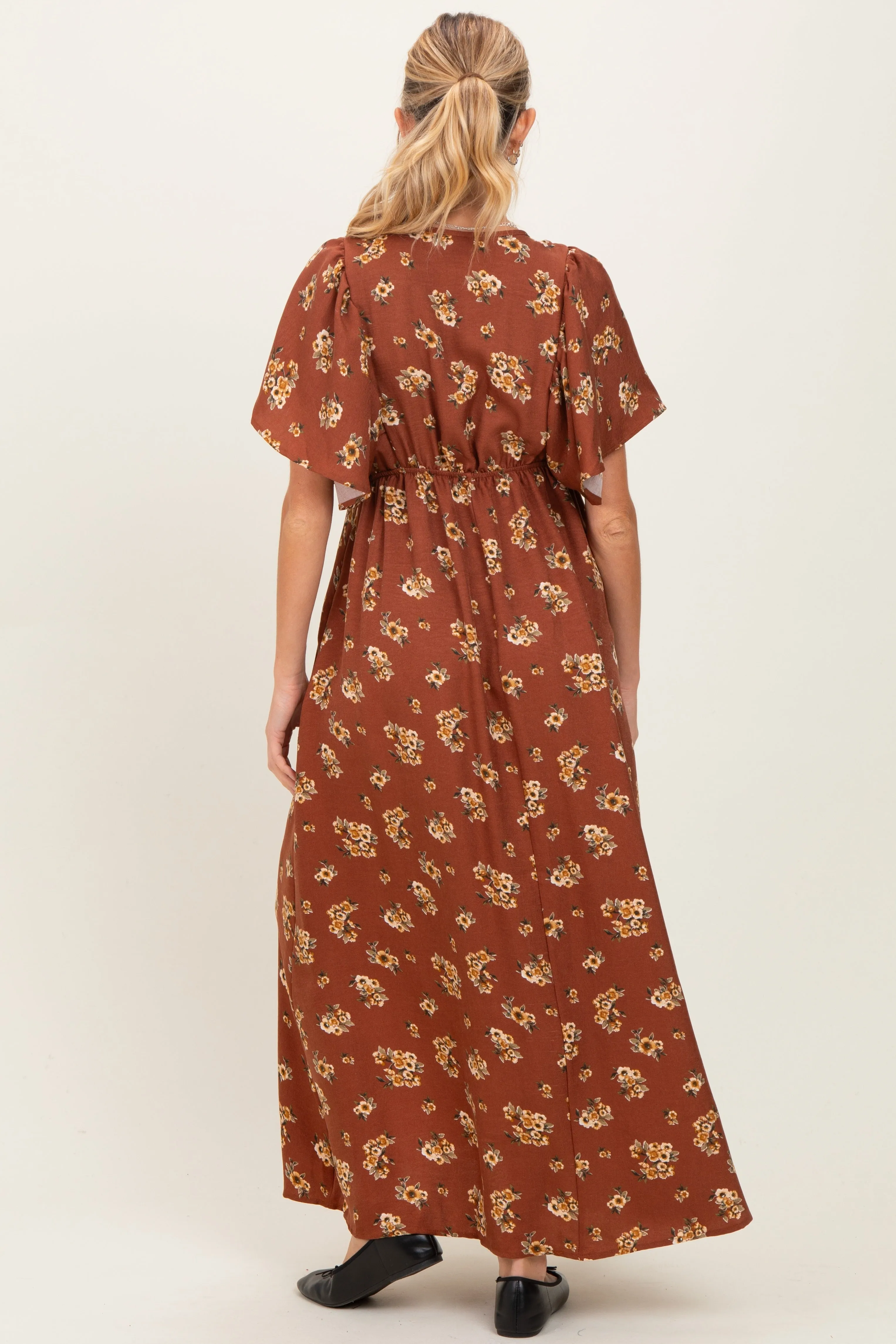 Brown Vintage Floral Woven Short Skleeve V-Neck Button Maternity Maxi Dress sold by Pinkblush product image thumbnail 4