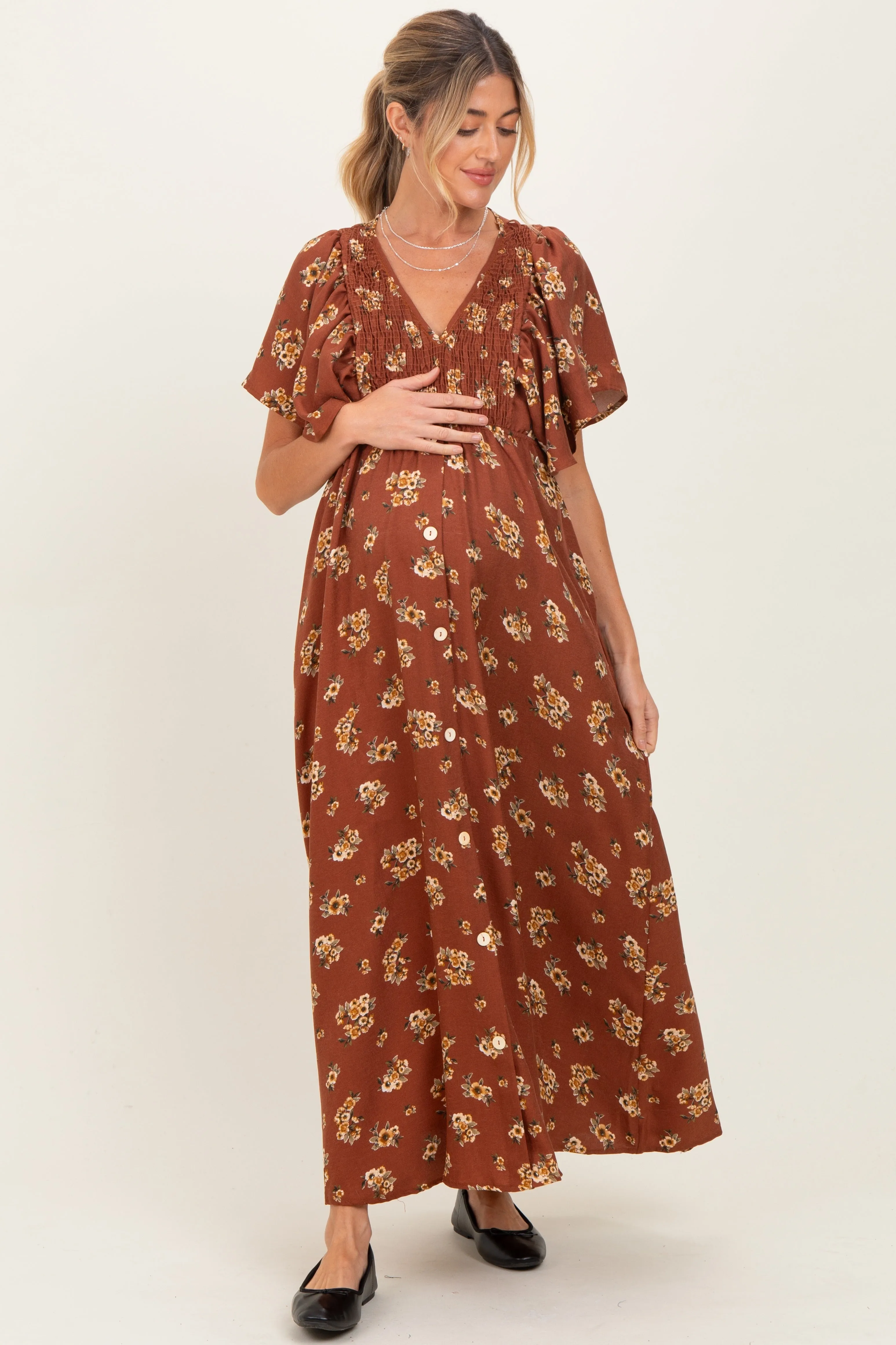 Brown Vintage Floral Woven Short Skleeve V-Neck Button Maternity Maxi Dress sold by Pinkblush