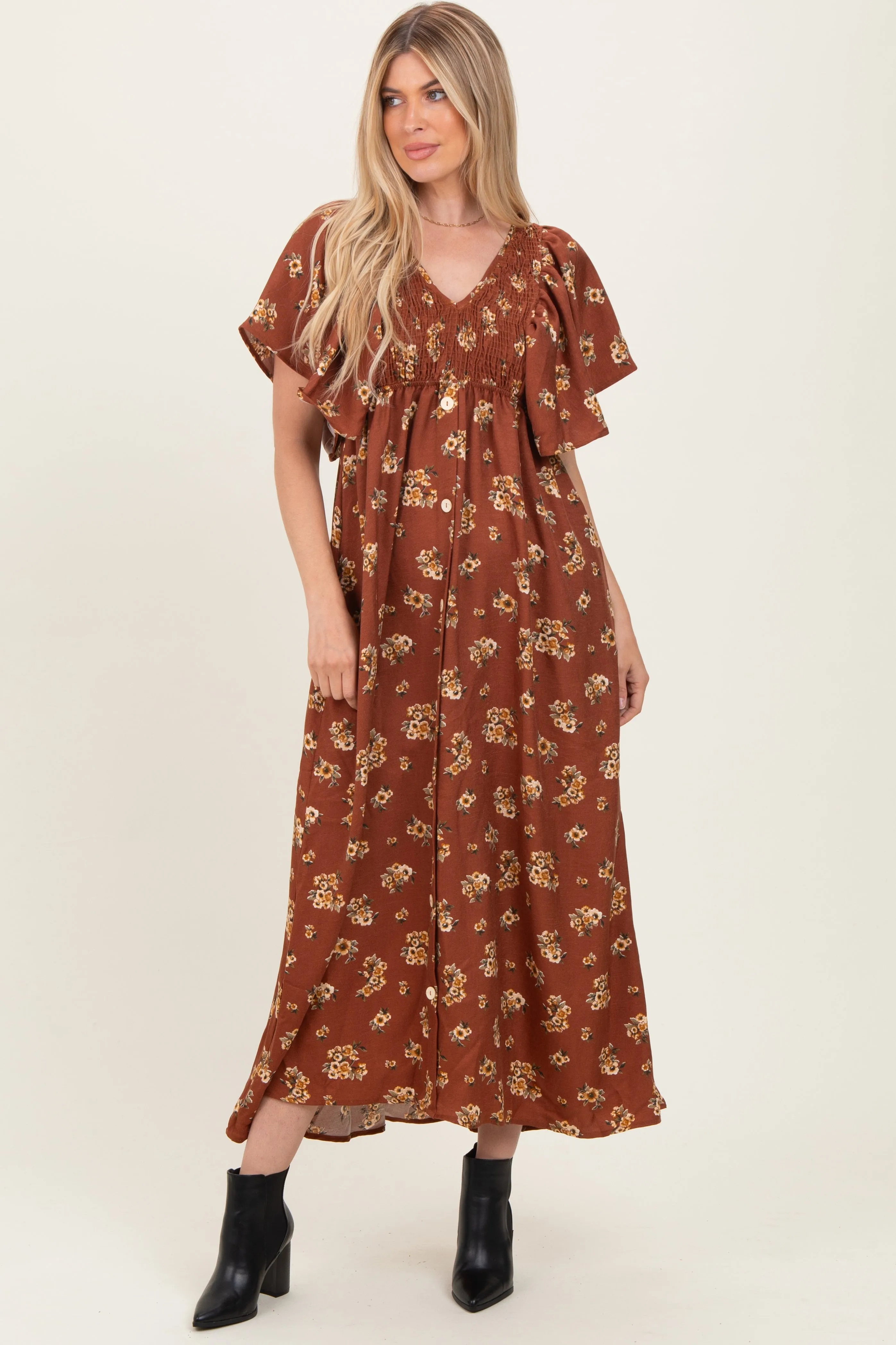 Brown Vintage Floral Woven Short Skleeve V-Neck Button Maternity Maxi Dress sold by Pinkblush product image thumbnail 5
