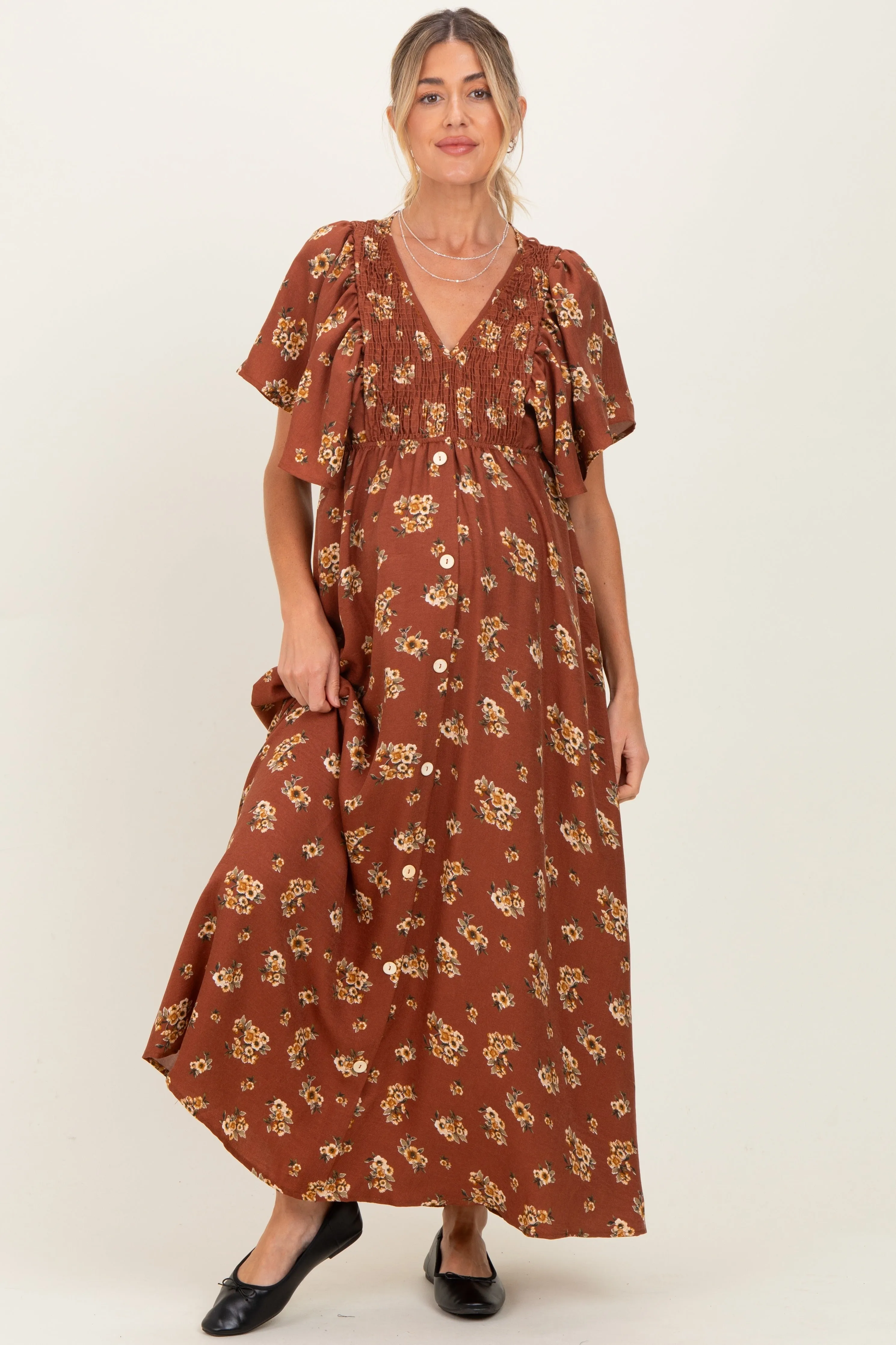 Brown Vintage Floral Woven Short Skleeve V-Neck Button Maternity Maxi Dress sold by Pinkblush product image thumbnail 2