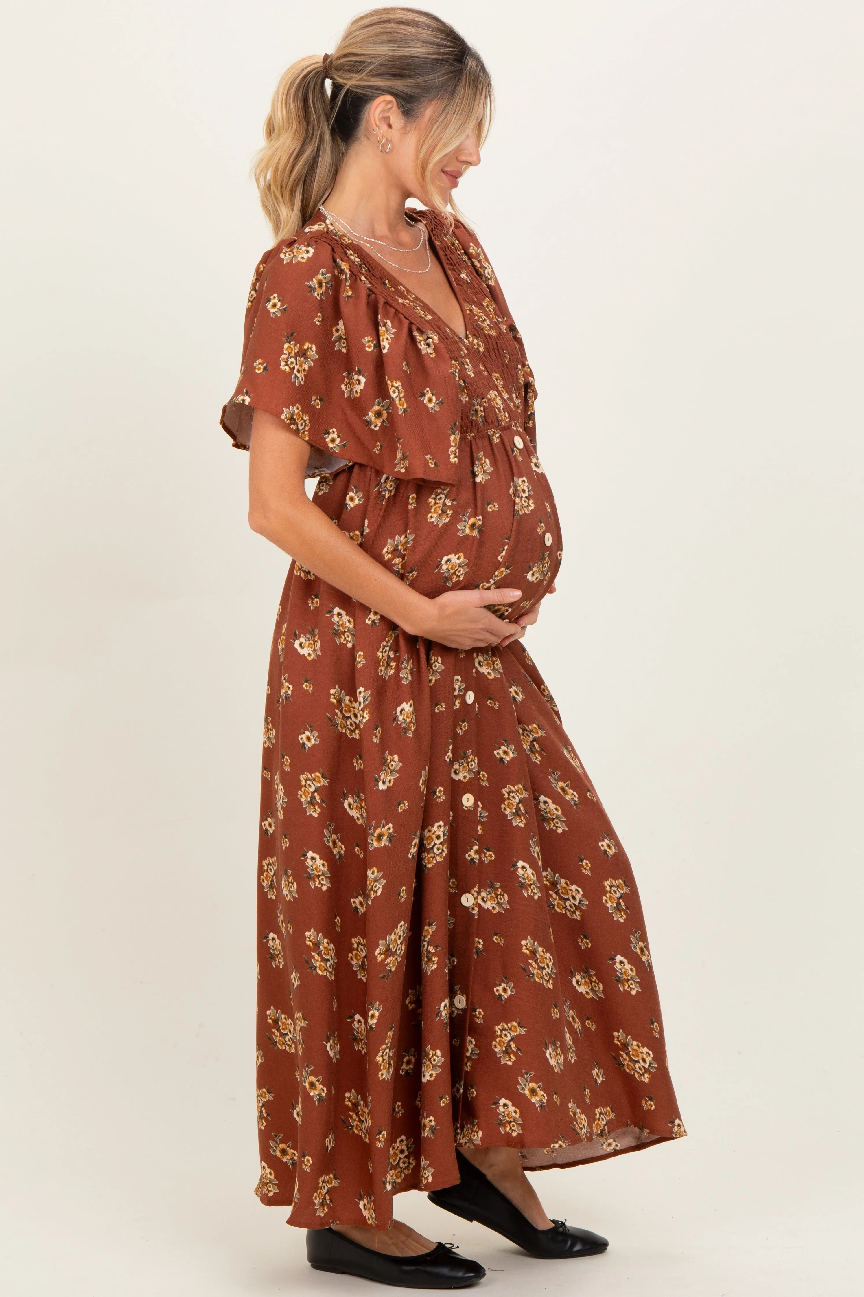 Brown Vintage Floral Woven Short Skleeve V-Neck Button Maternity Maxi Dress sold by Pinkblush product image thumbnail 3