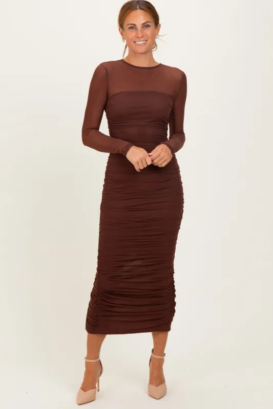 Brown Mesh Ruched Long Sleeve Midi Dress sold by Pinkblush