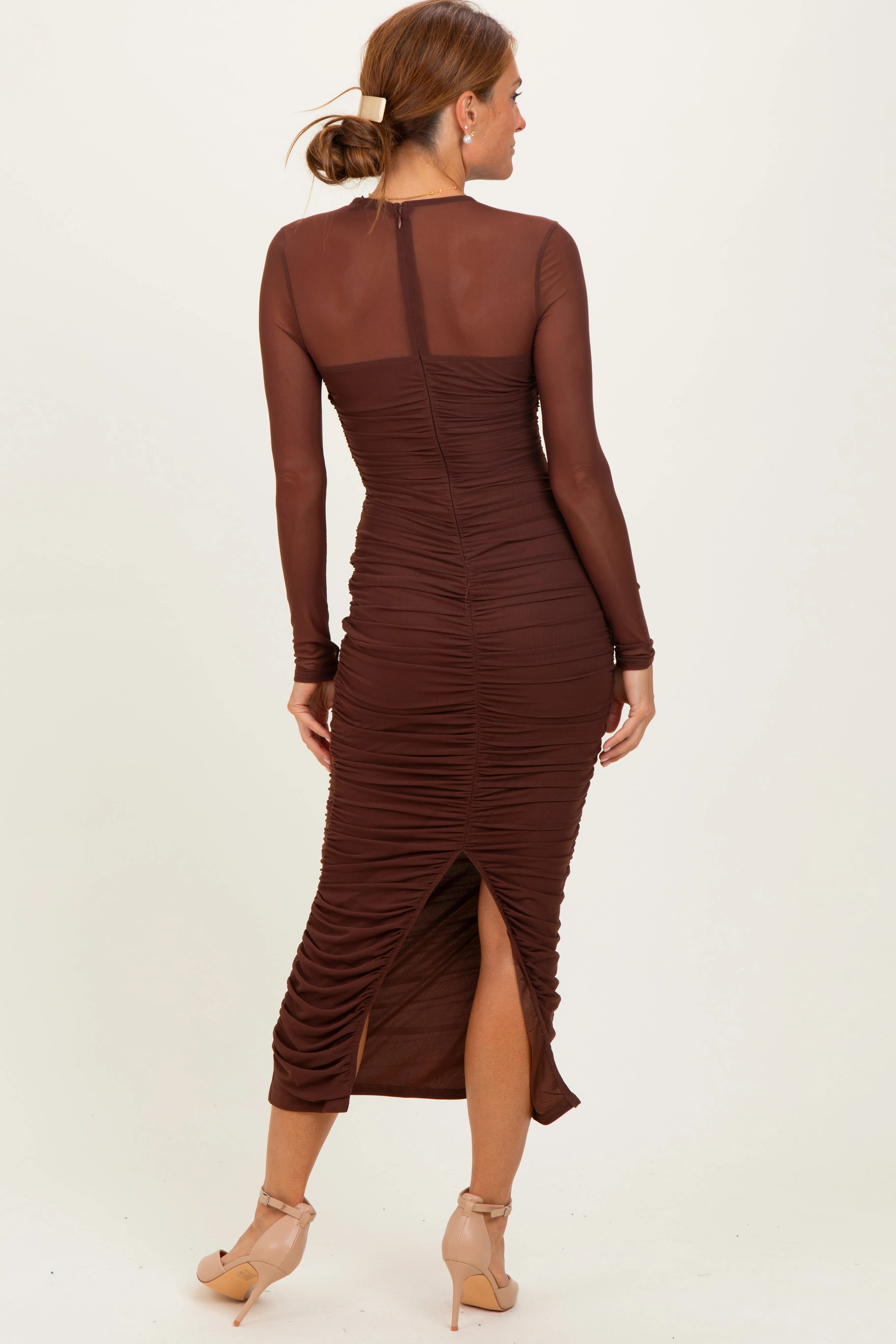 Brown Mesh Ruched Long Sleeve Midi Dress sold by Pinkblush product image thumbnail 3