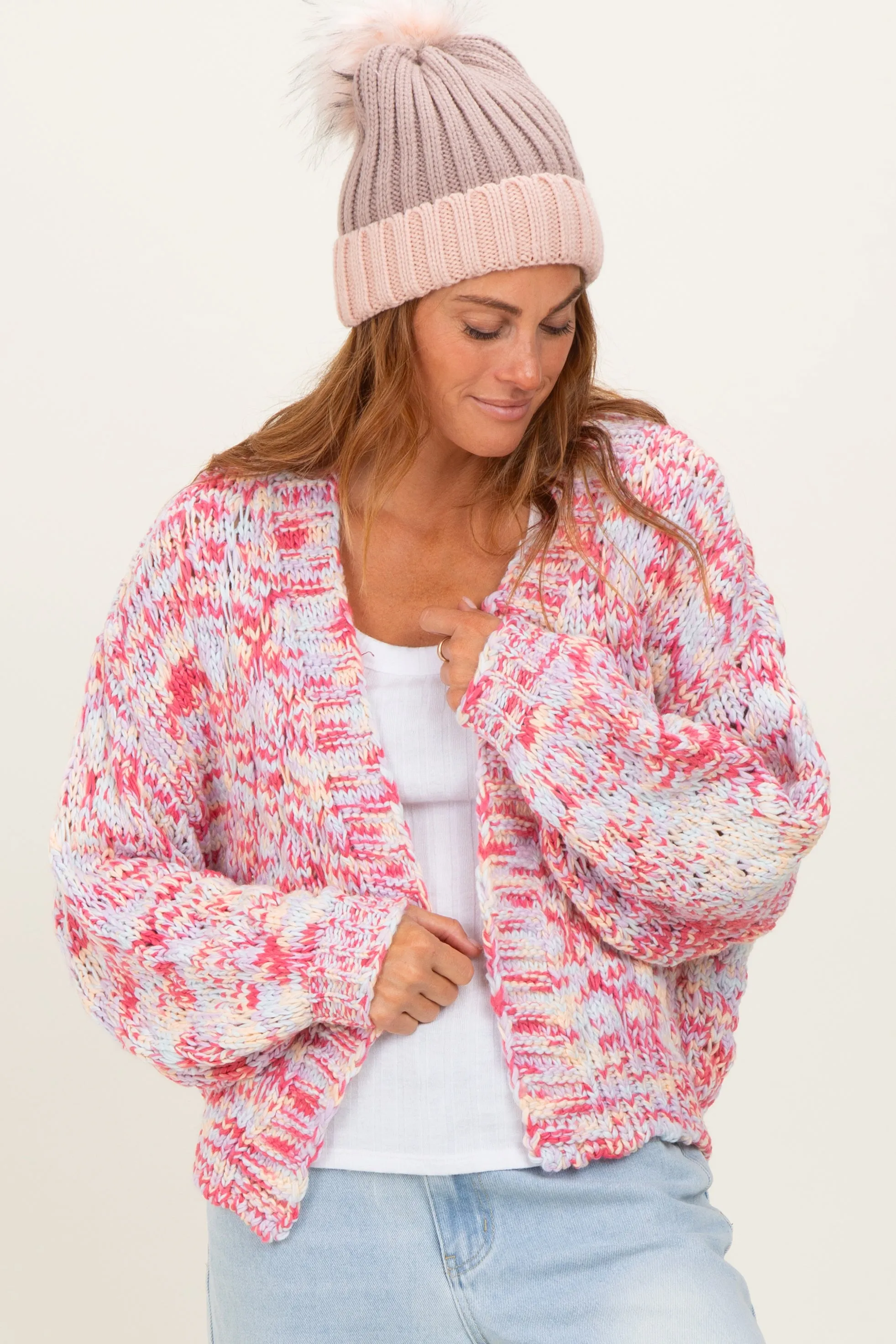 Pink Multicolor Chunky Knit Open Front Cardigan sold by Pinkblush
