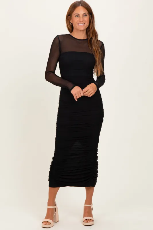 Black Mesh Ruched Long Sleeve Midi Dress sold by Pinkblush