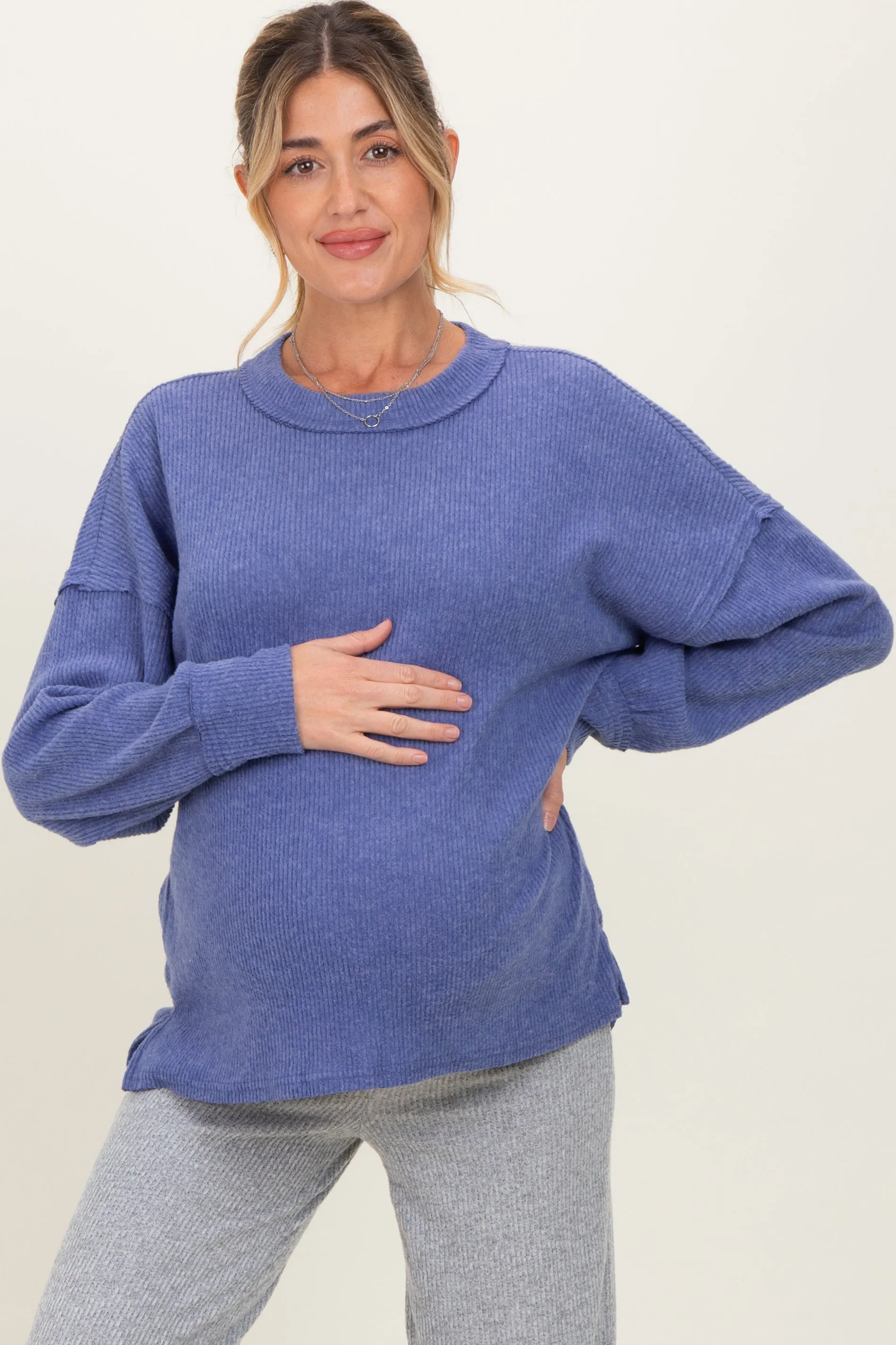 Periwinkle Brushed Ribbed Knit Maternity Pullover sold by Pinkblush product image thumbnail 2