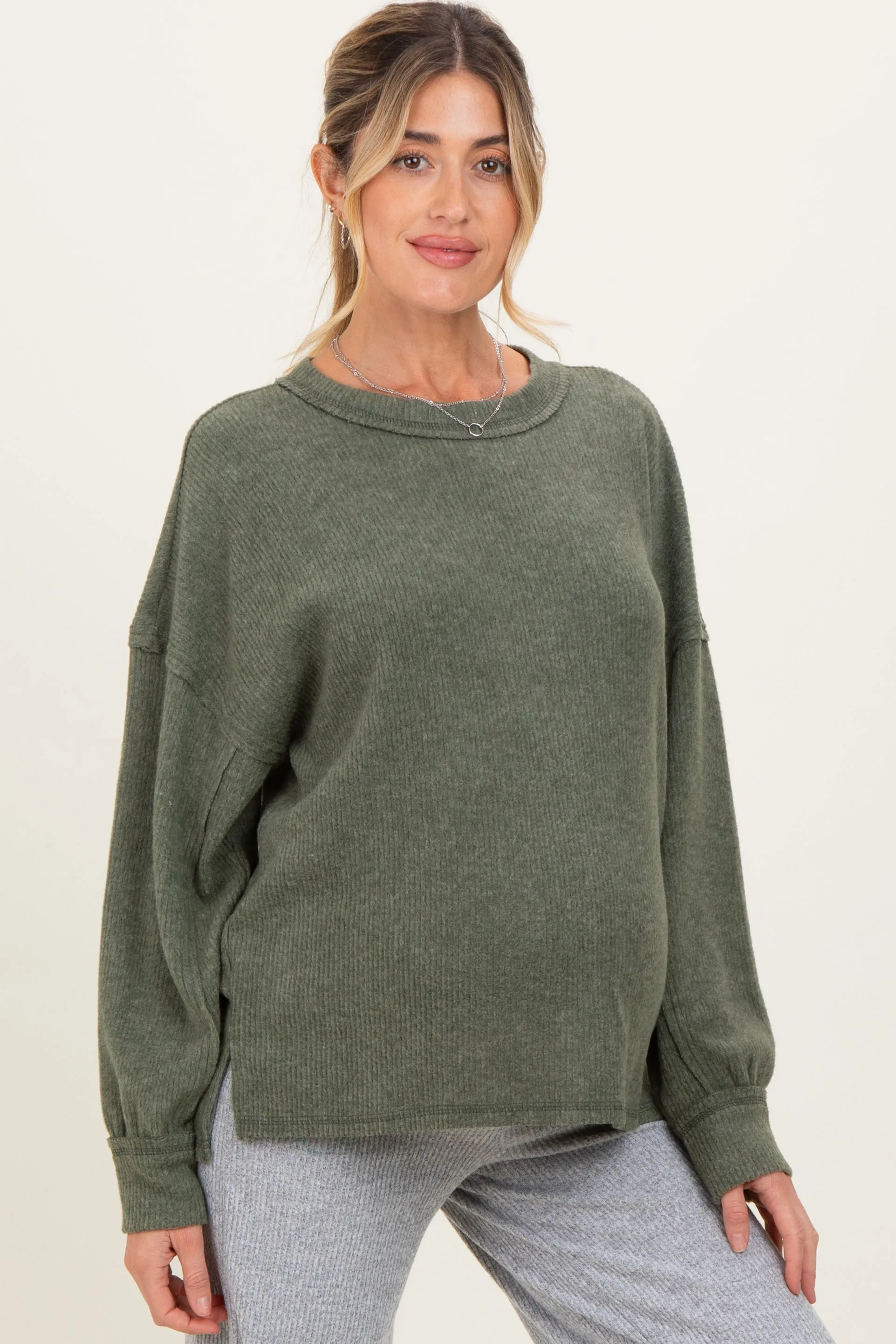 Olive Brushed Ribbed Knit Maternity Pullover sold by Pinkblush product image thumbnail 2