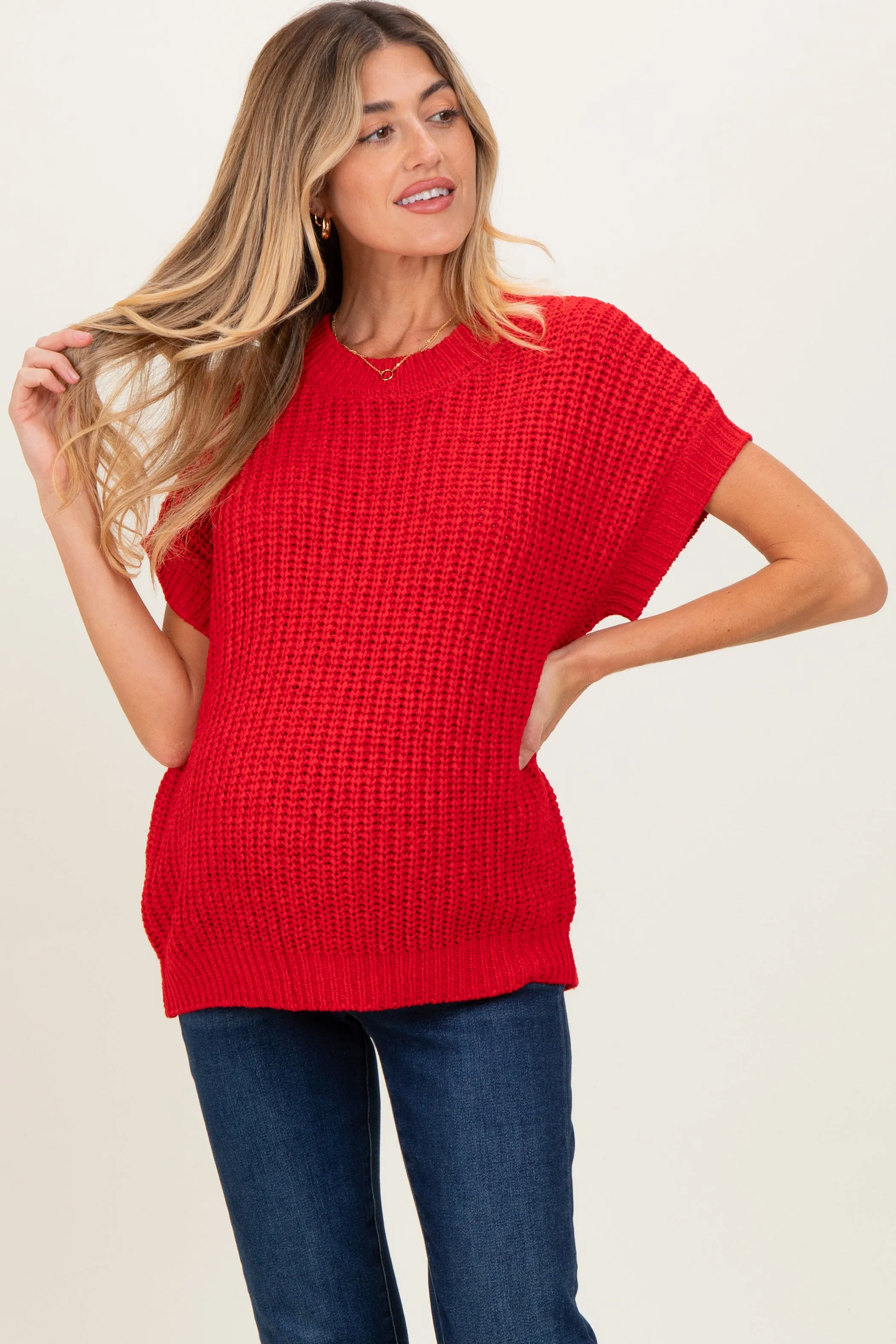 Red Short Sleeve Round Neck Maternity Sweater sold by Pinkblush