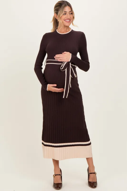 Brown Ribbed Midi Sweater Dress With Belt sold by Pinkblush