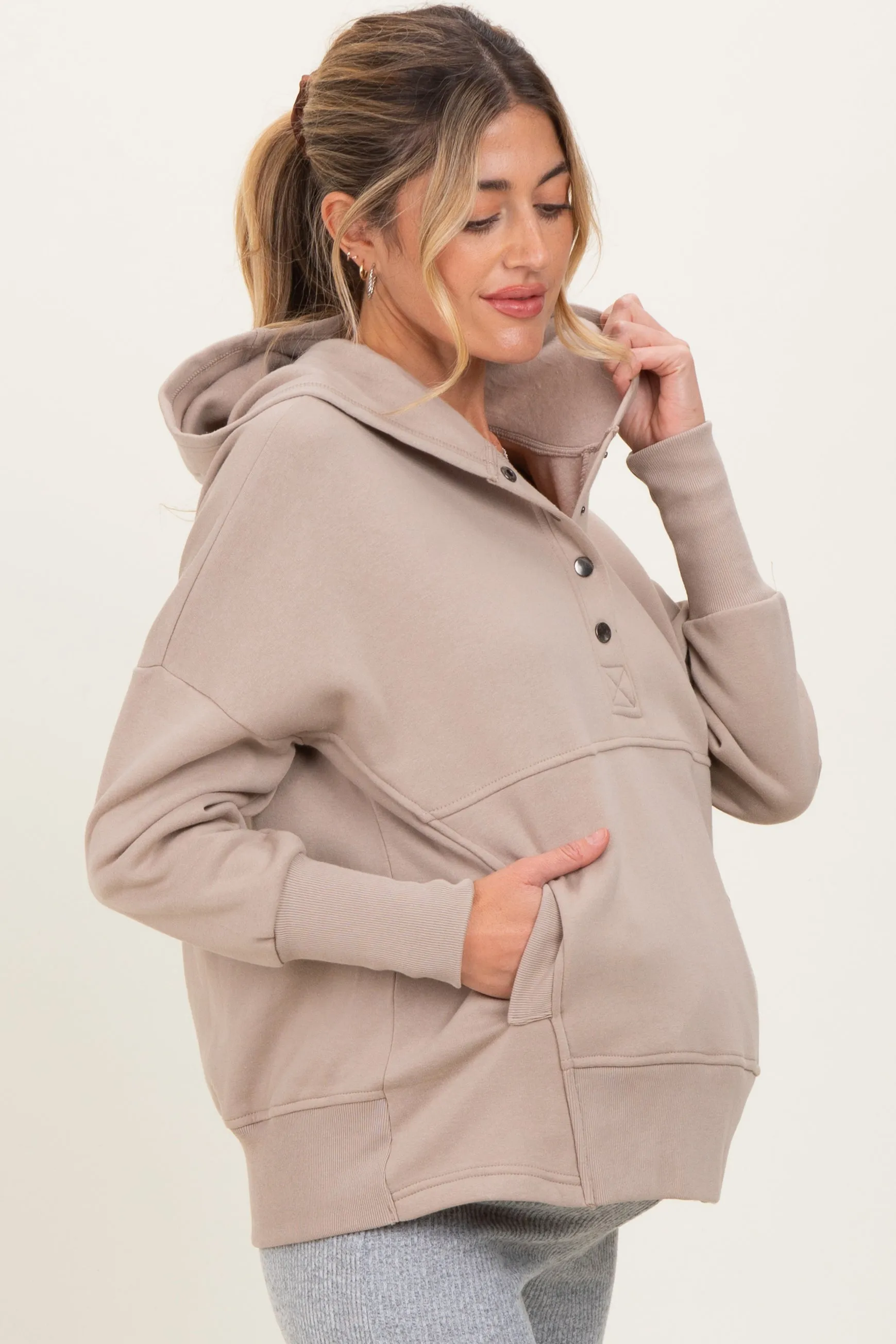 Beige Fleece Snap Button Maternity Hoodie sold by Pinkblush product image thumbnail 2