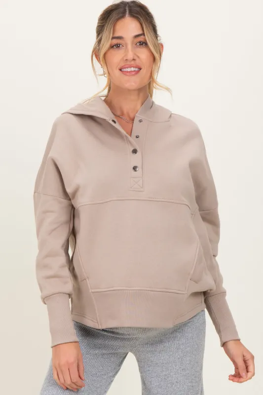 Beige Fleece Snap Button Maternity Hoodie sold by Pinkblush