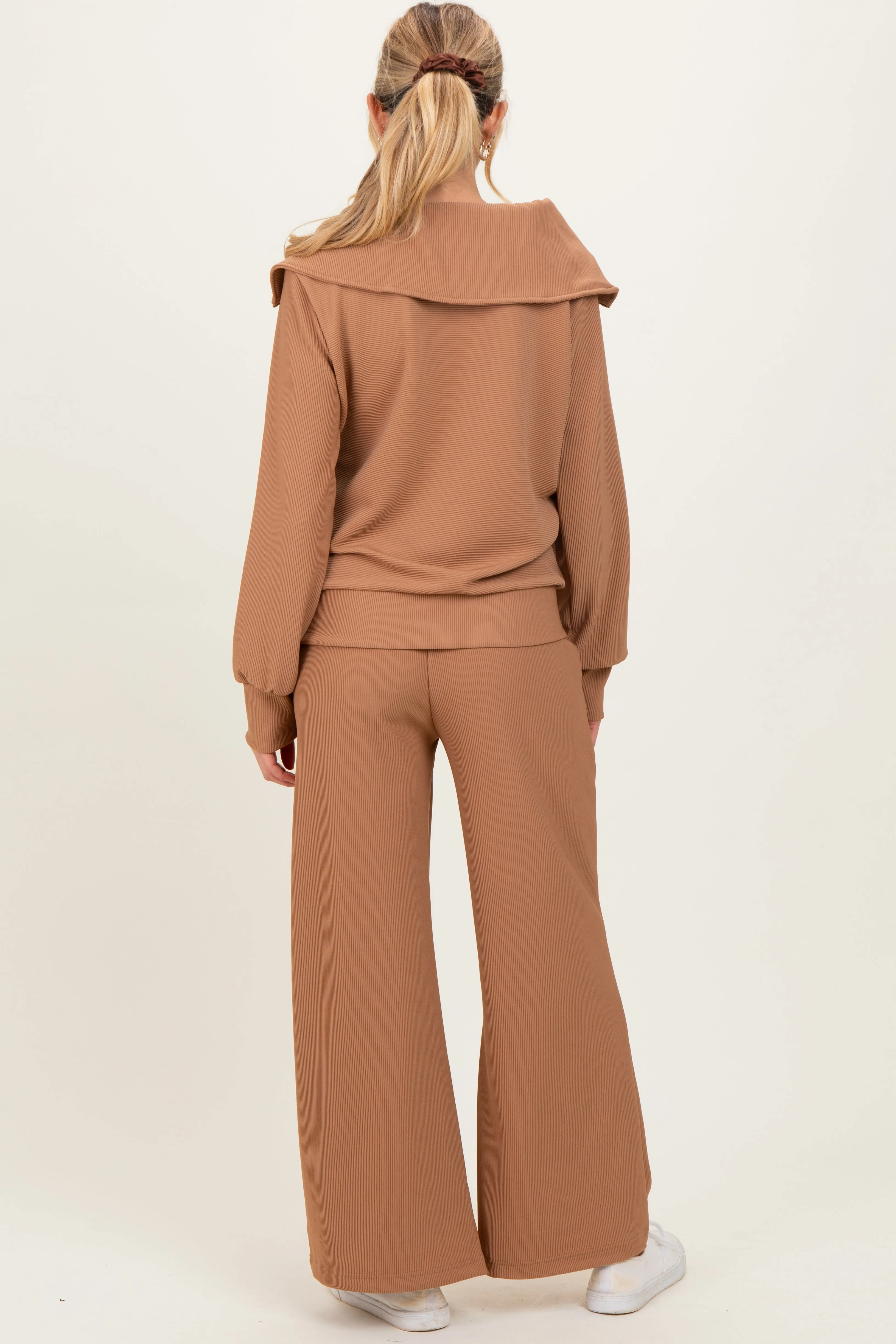 Camel Ribbed Half Zip Pullover Wide Leg Pant Maternity Set sold by Pinkblush product image thumbnail 3