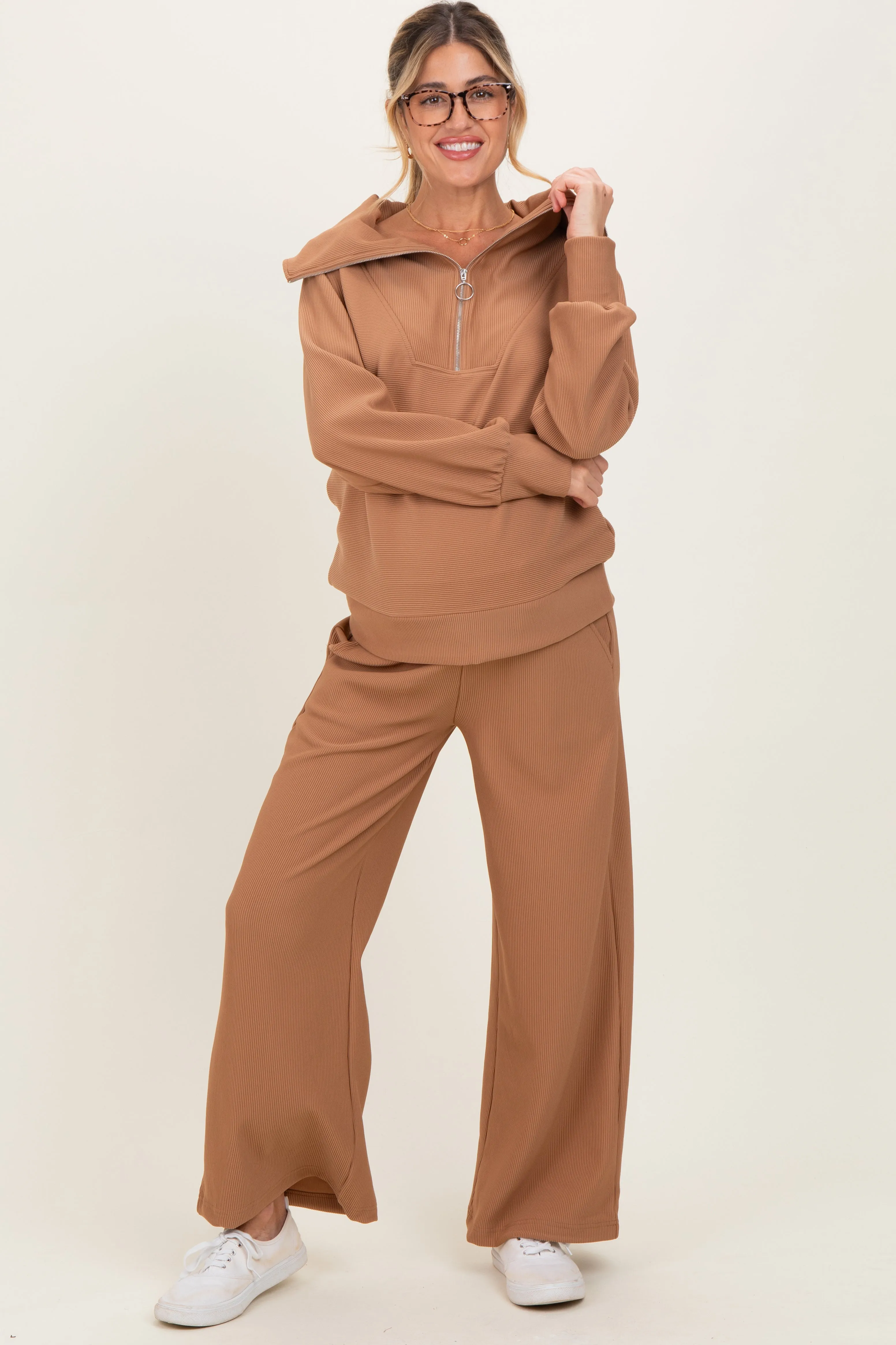 Camel Ribbed Half Zip Pullover Wide Leg Pant Maternity Set sold by Pinkblush