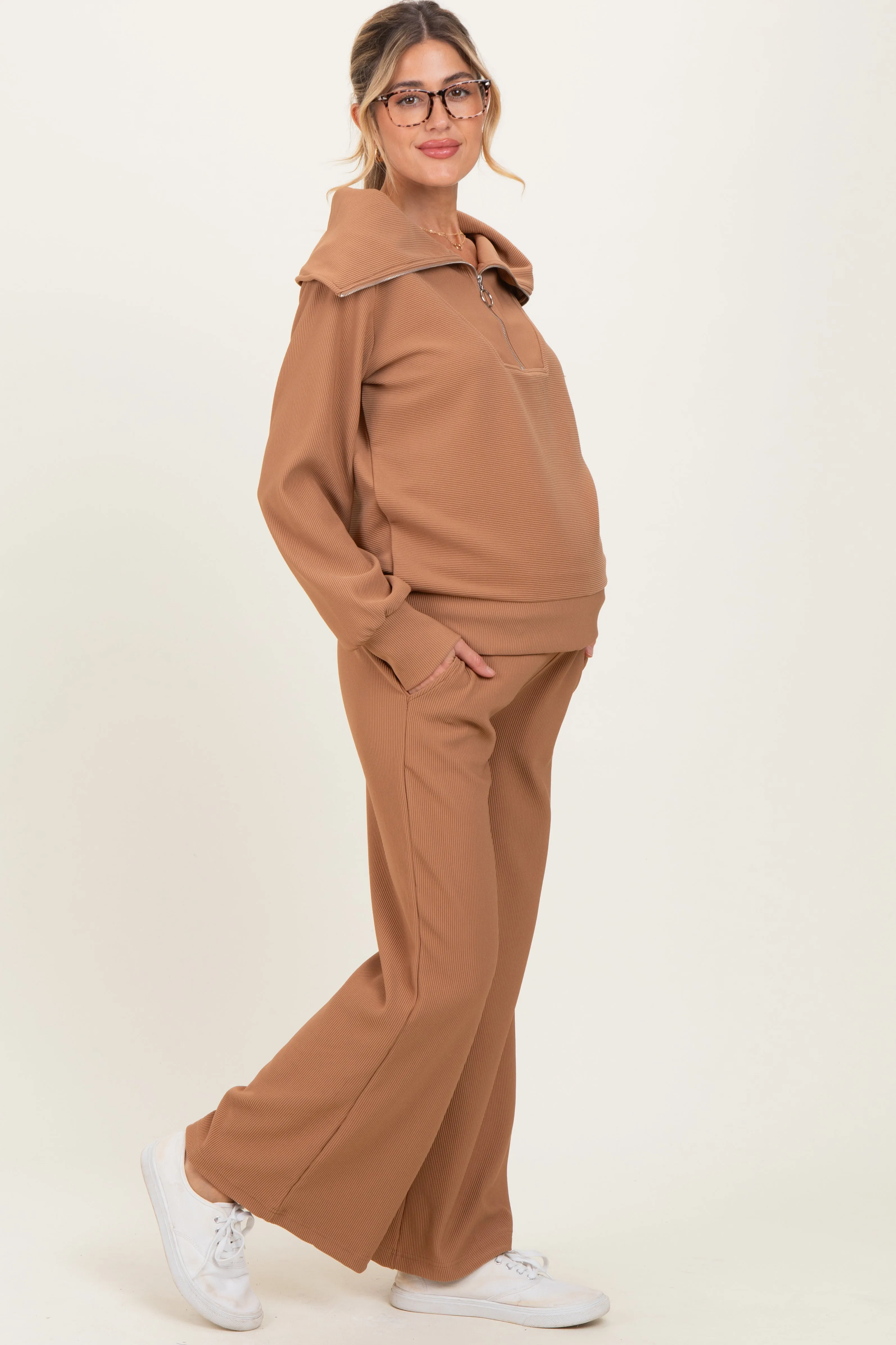 Camel Ribbed Half Zip Pullover Wide Leg Pant Maternity Set sold by Pinkblush product image thumbnail 2