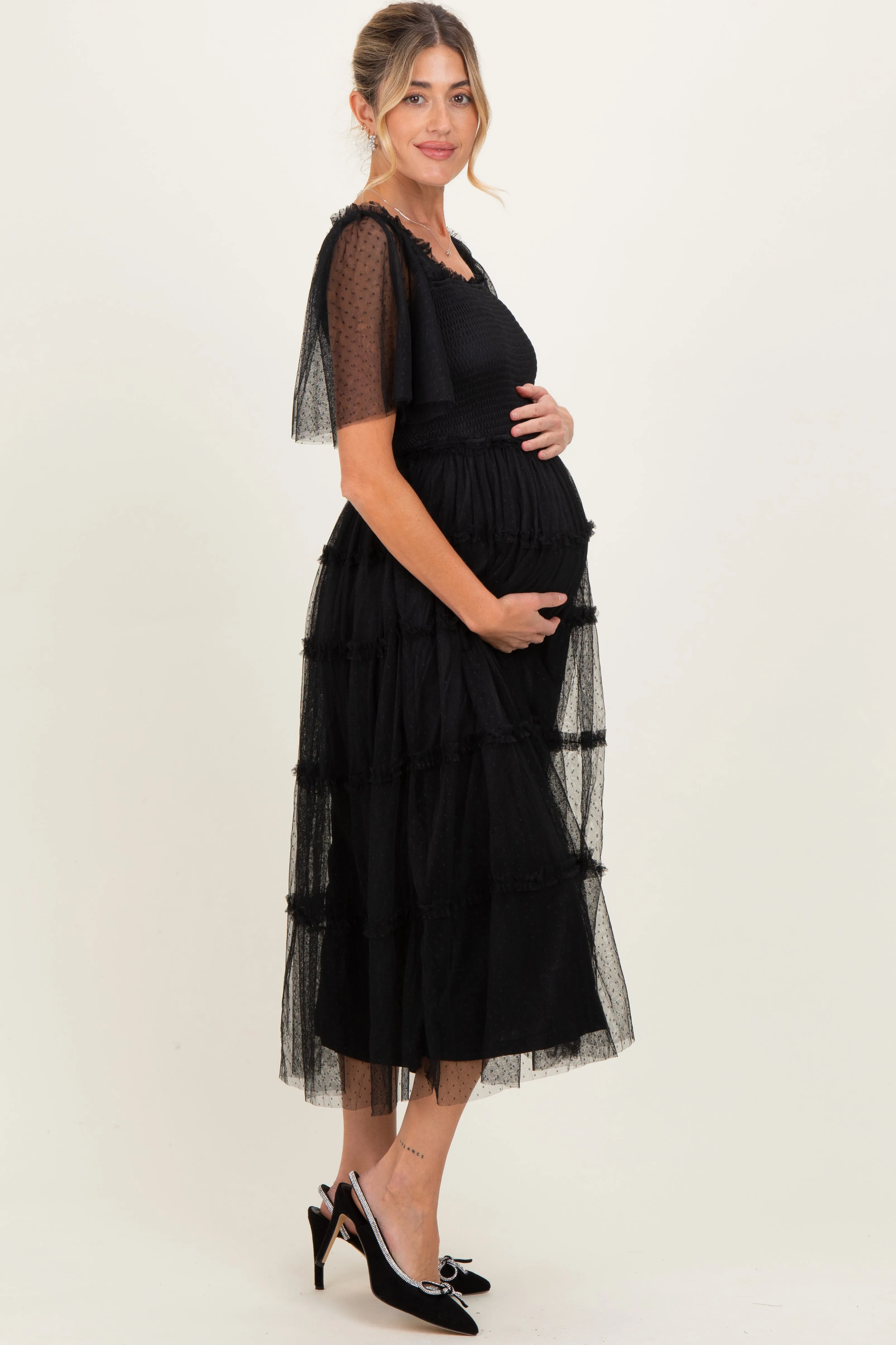 Black Ruffled Mesh Maternity Maxi Dress sold by Pinkblush product image thumbnail 3