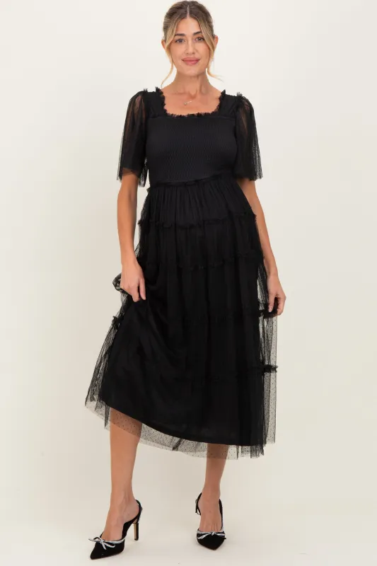 Black Ruffled Mesh Maternity Maxi Dress sold by Pinkblush