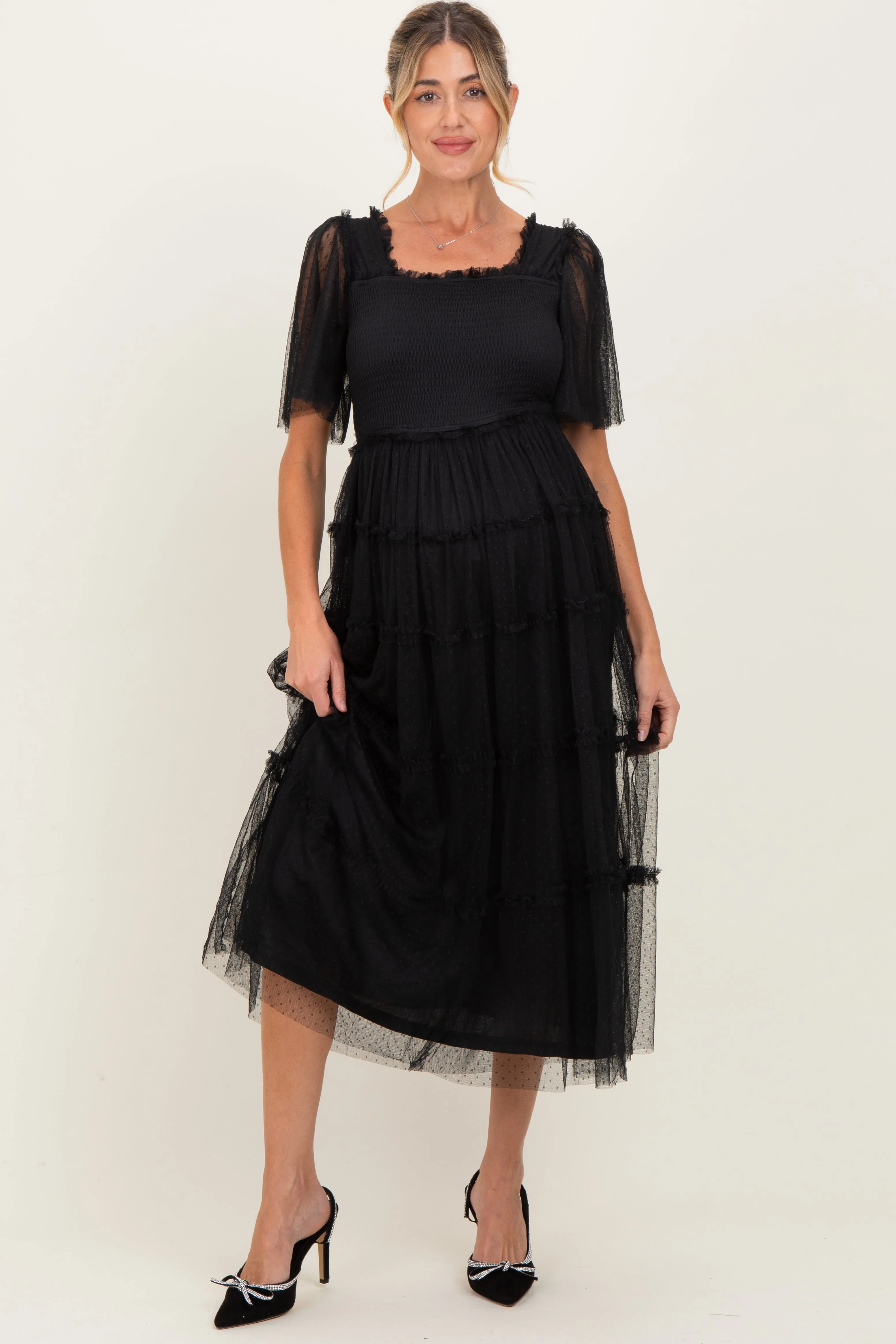 Black Ruffled Mesh Maternity Maxi Dress sold by Pinkblush