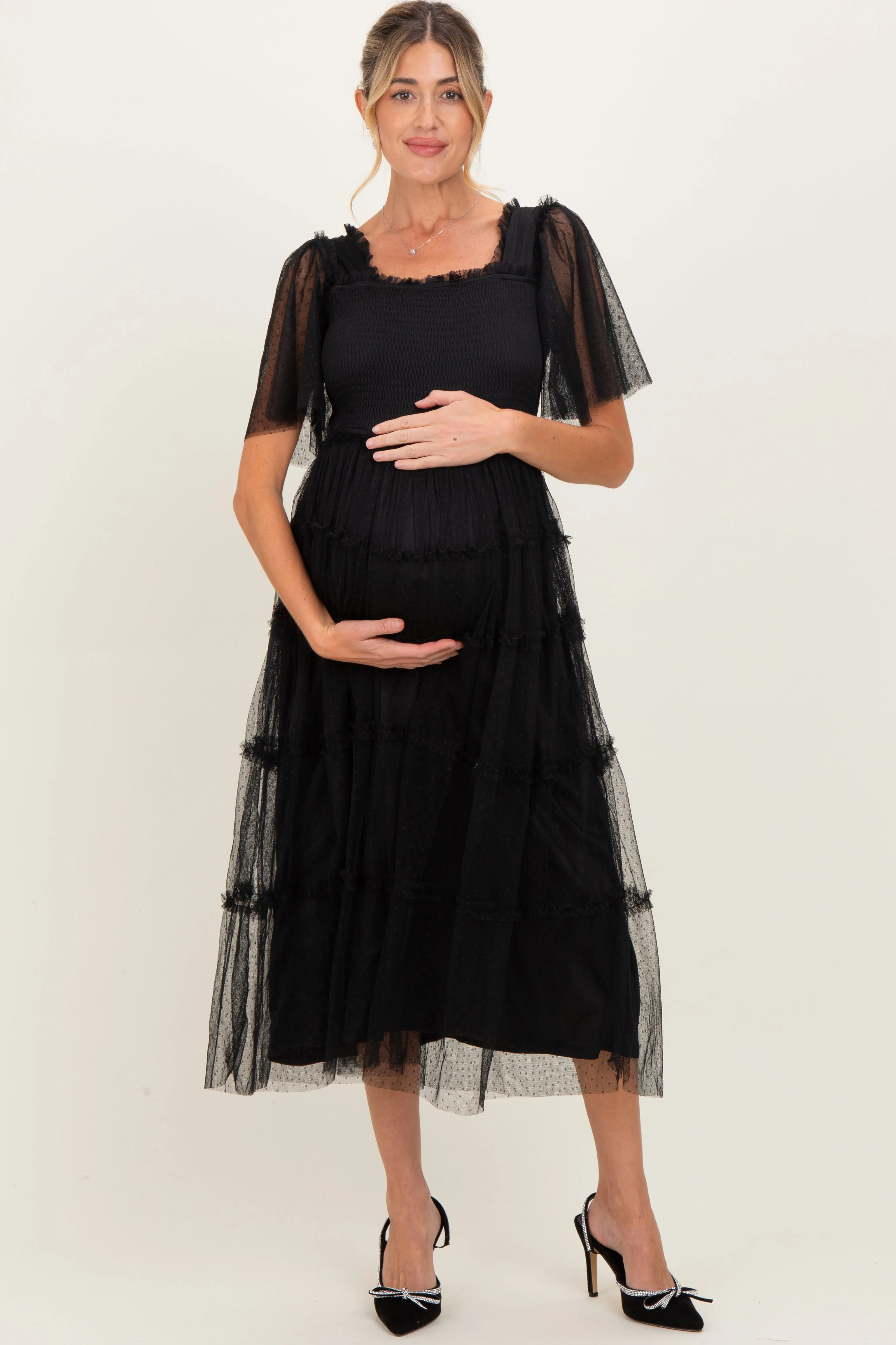 Black Ruffled Mesh Maternity Maxi Dress sold by Pinkblush product image thumbnail 2
