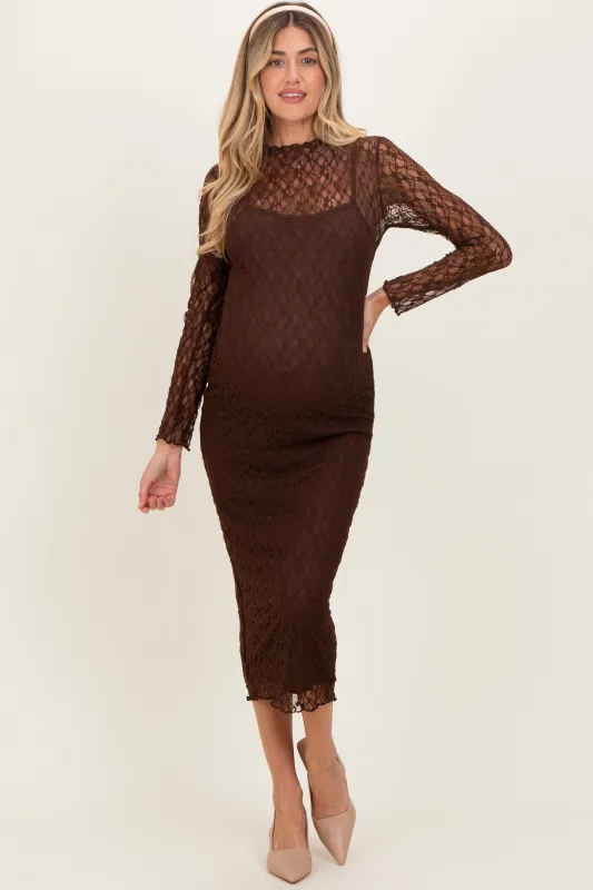 Brown Lace Overlay Fitted Maternity Midi Dress sold by Pinkblush