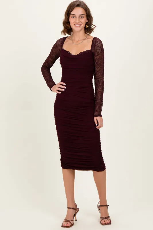Burgundy Ruched Lace Sleeve Midi Dress sold by Pinkblush