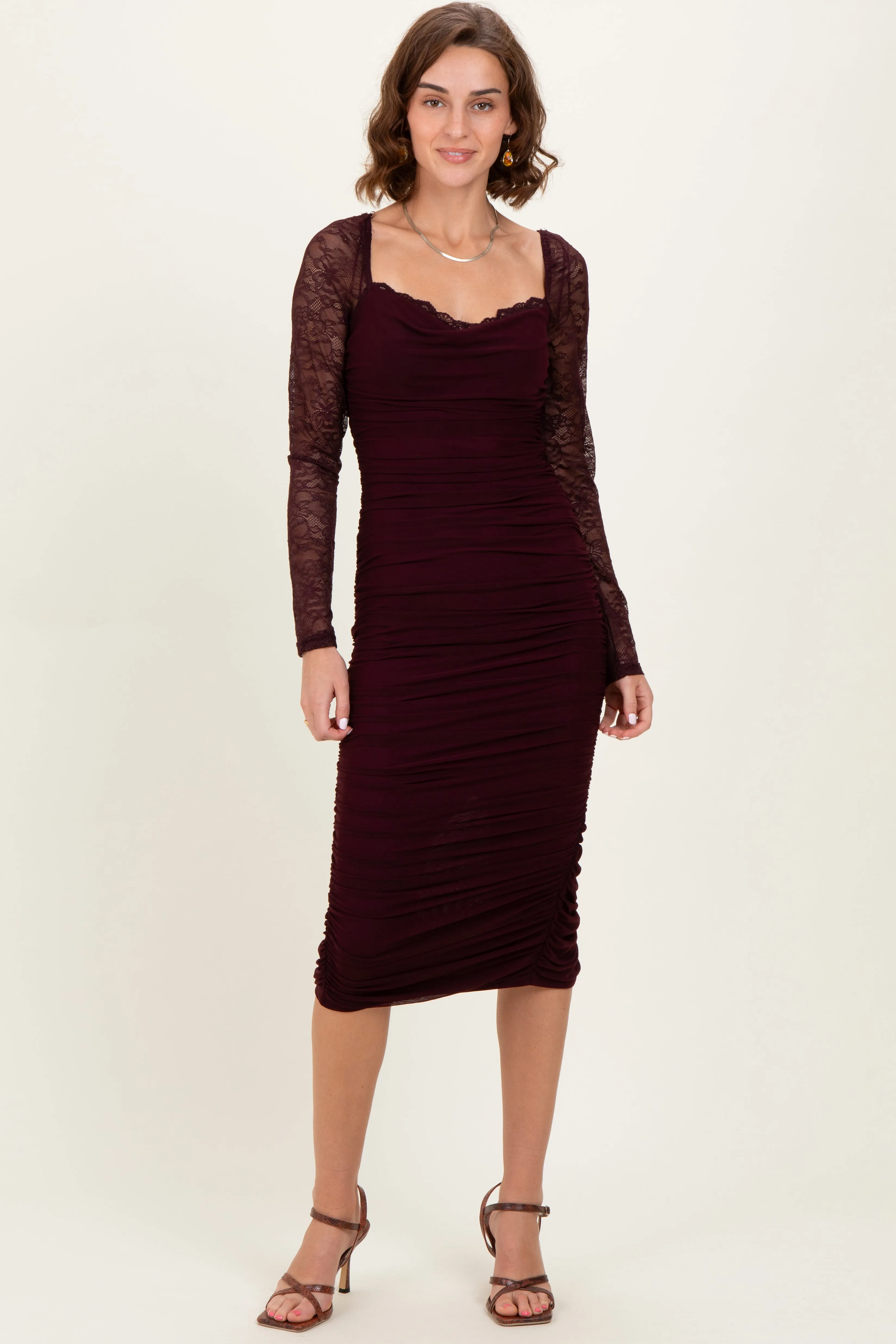 Burgundy Ruched Lace Sleeve Midi Dress sold by Pinkblush product image thumbnail 2