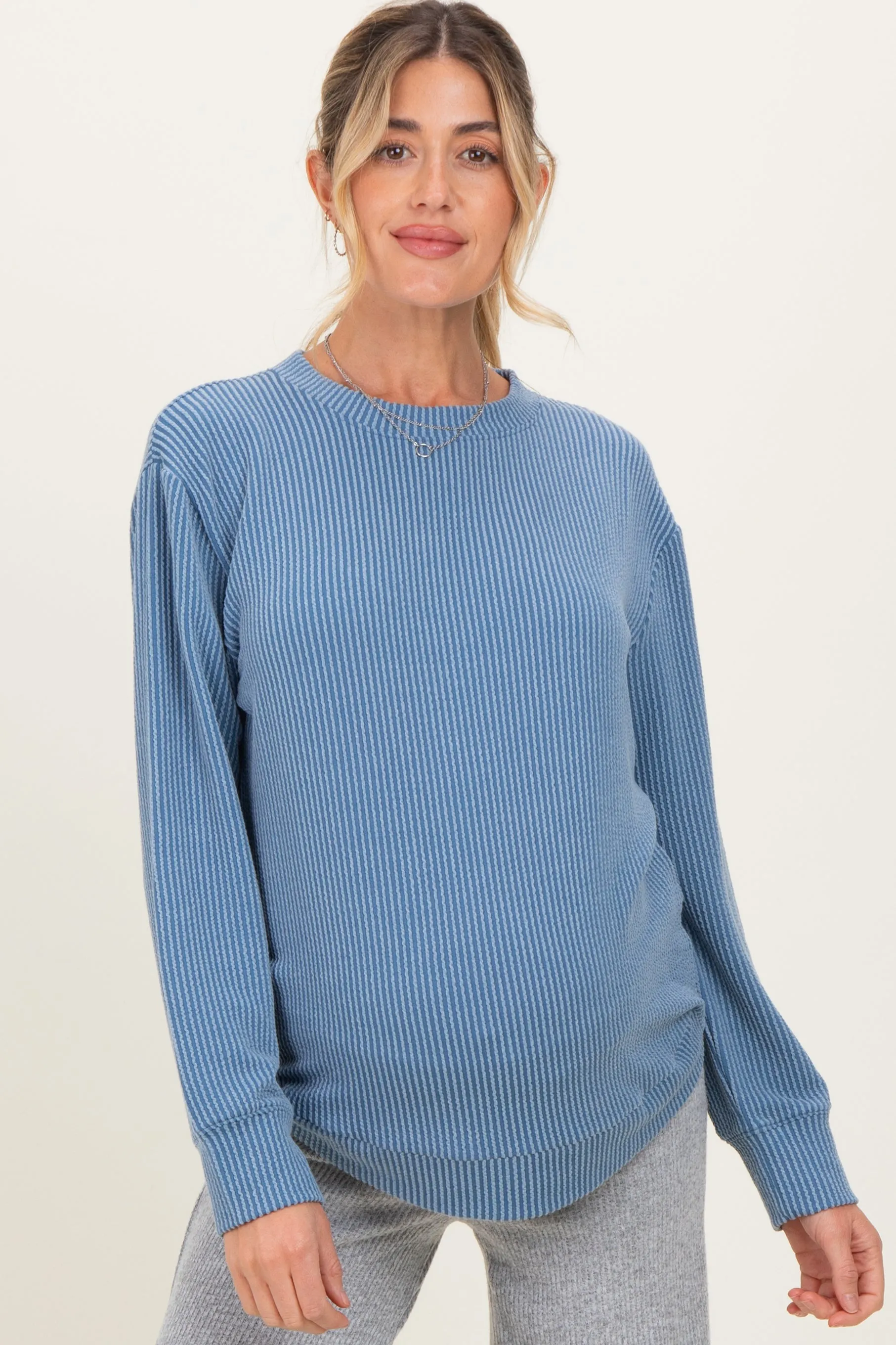 Dusty Blue Textured Rib Crew Neck Maternity Long Sleeve sold by Pinkblush