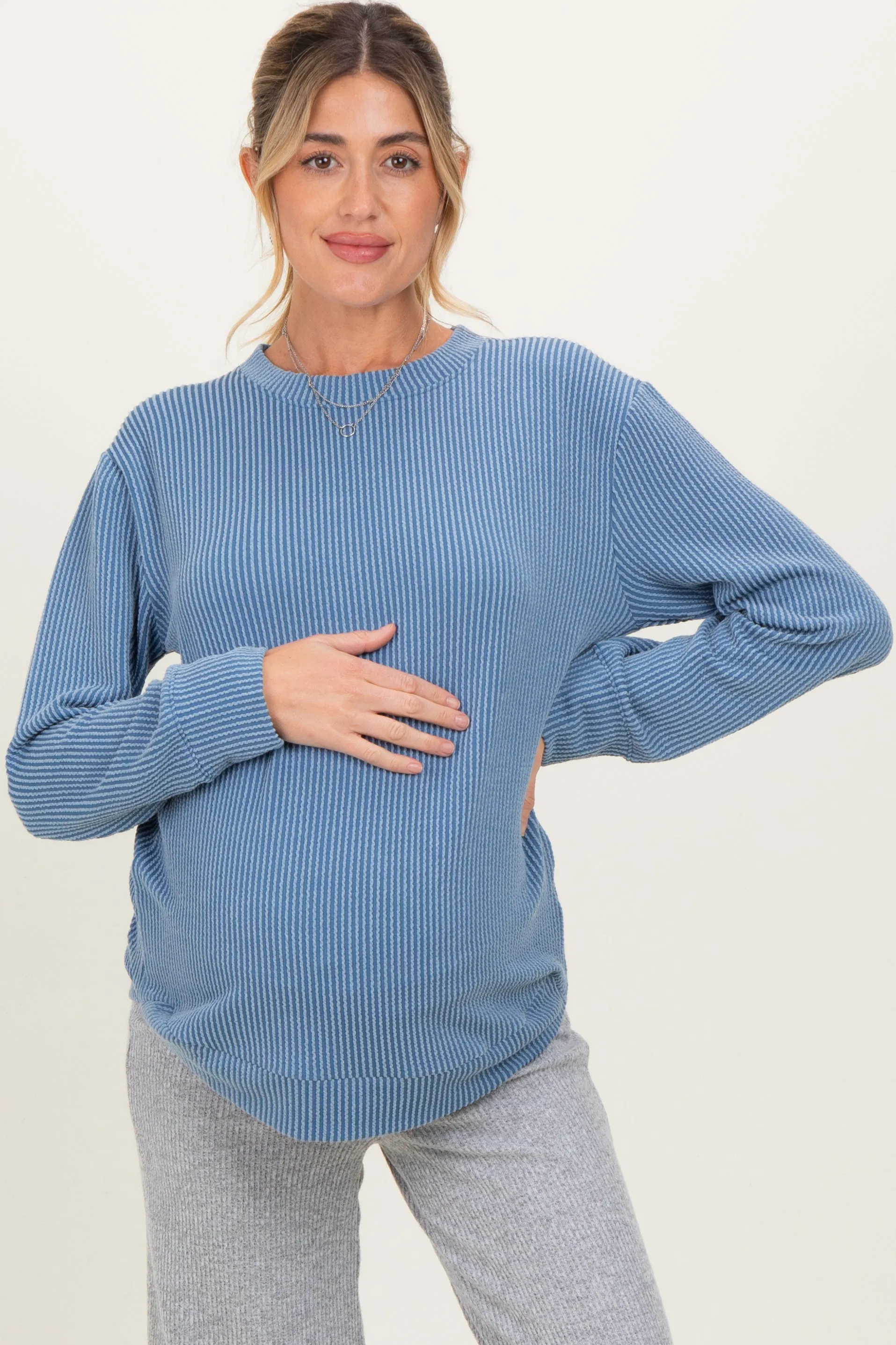 Dusty Blue Textured Rib Crew Neck Maternity Long Sleeve sold by Pinkblush product image thumbnail 2