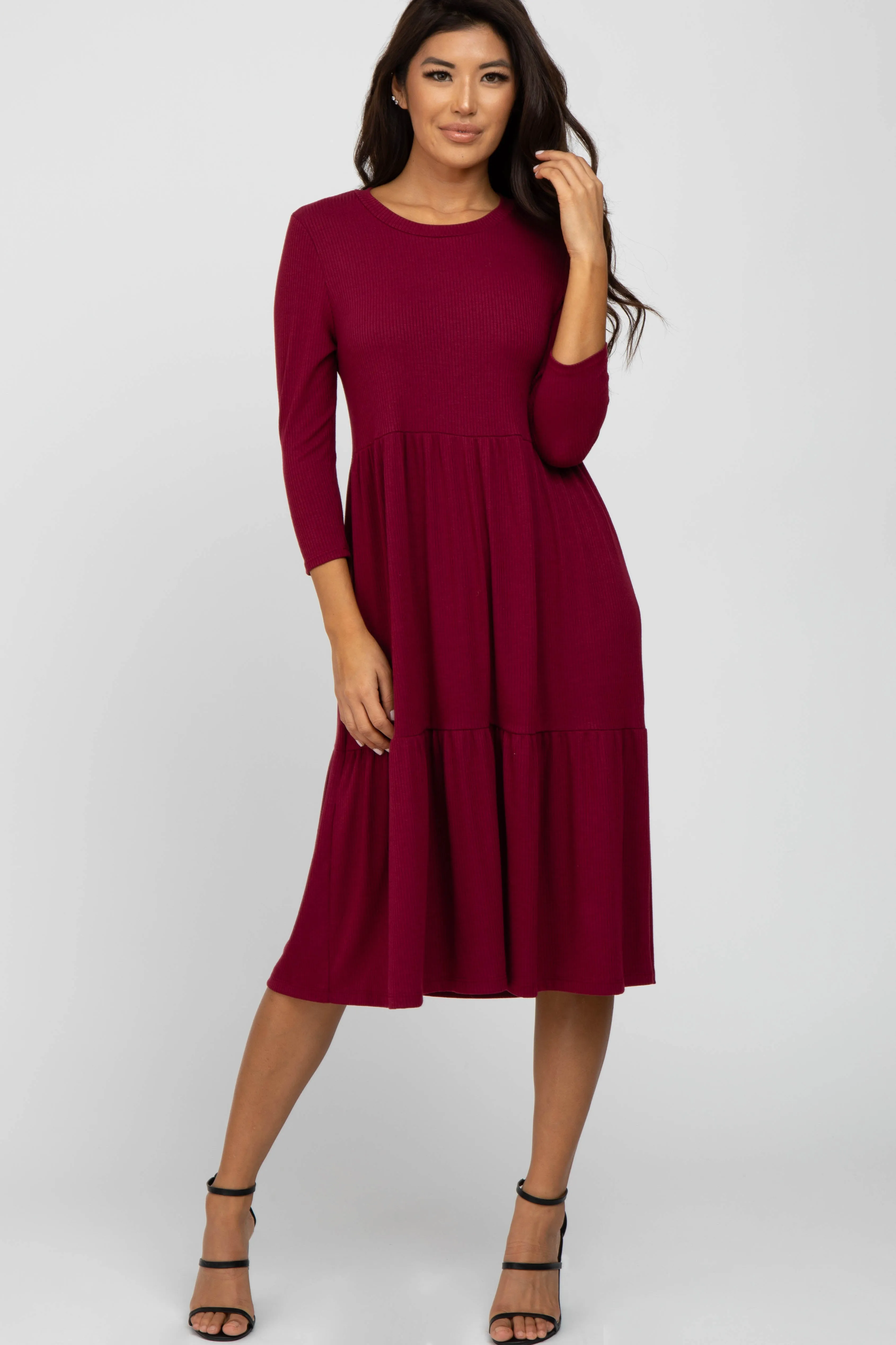 Burgundy Tiered Ribbed 3/4 Sleeve Midi Dress sold by Pinkblush product image thumbnail 2
