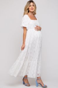 White Floral Chiffon Smocked Square Neck Maternity Maxi Dress sold by Pinkblush