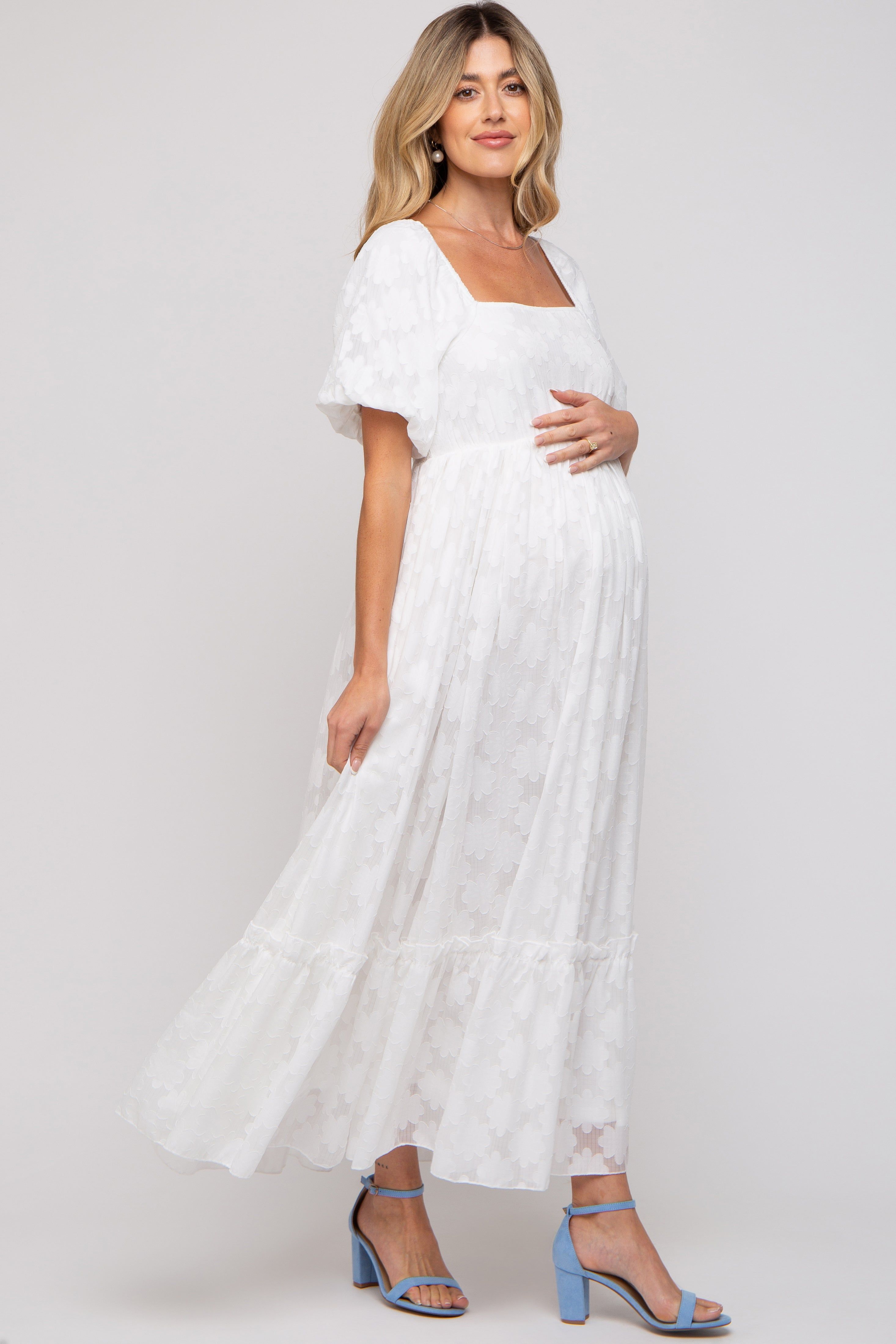 White Floral Chiffon Smocked Square Neck Maternity Maxi Dress sold by Pinkblush product image thumbnail 2
