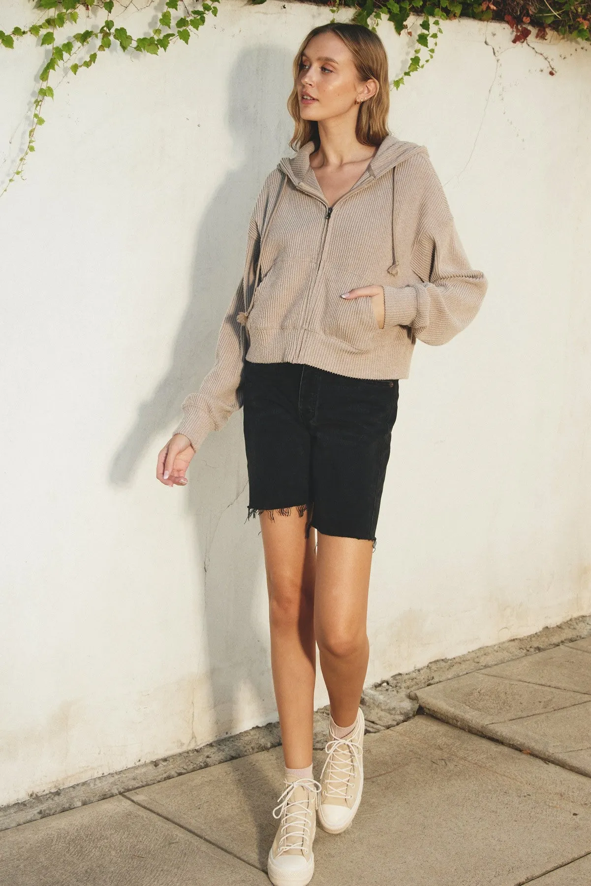 Oatmeal Ribbed Knit Full-Zip Hoodie sold by Pinkblush product image thumbnail 4