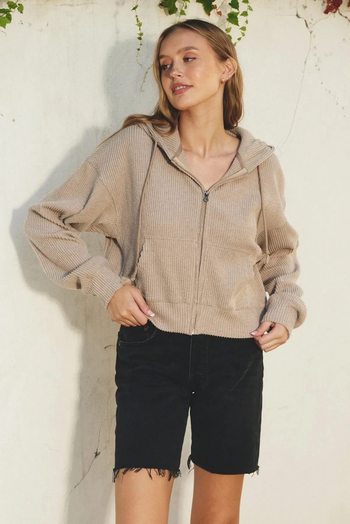 Oatmeal Ribbed Knit Full-Zip Hoodie sold by Pinkblush