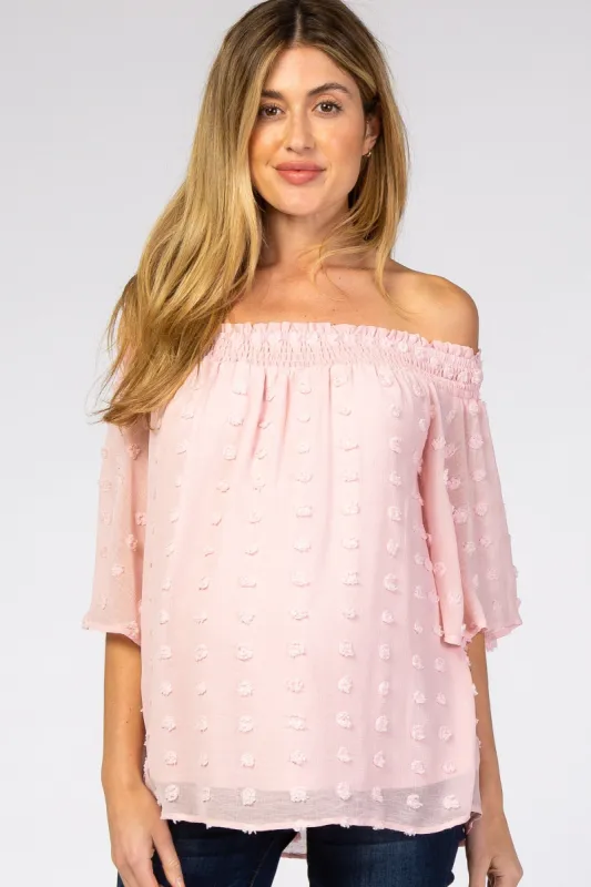 Light Pink Textured Dot Smocked Off Shoulder Chiffon Maternity Blouse sold by Pinkblush