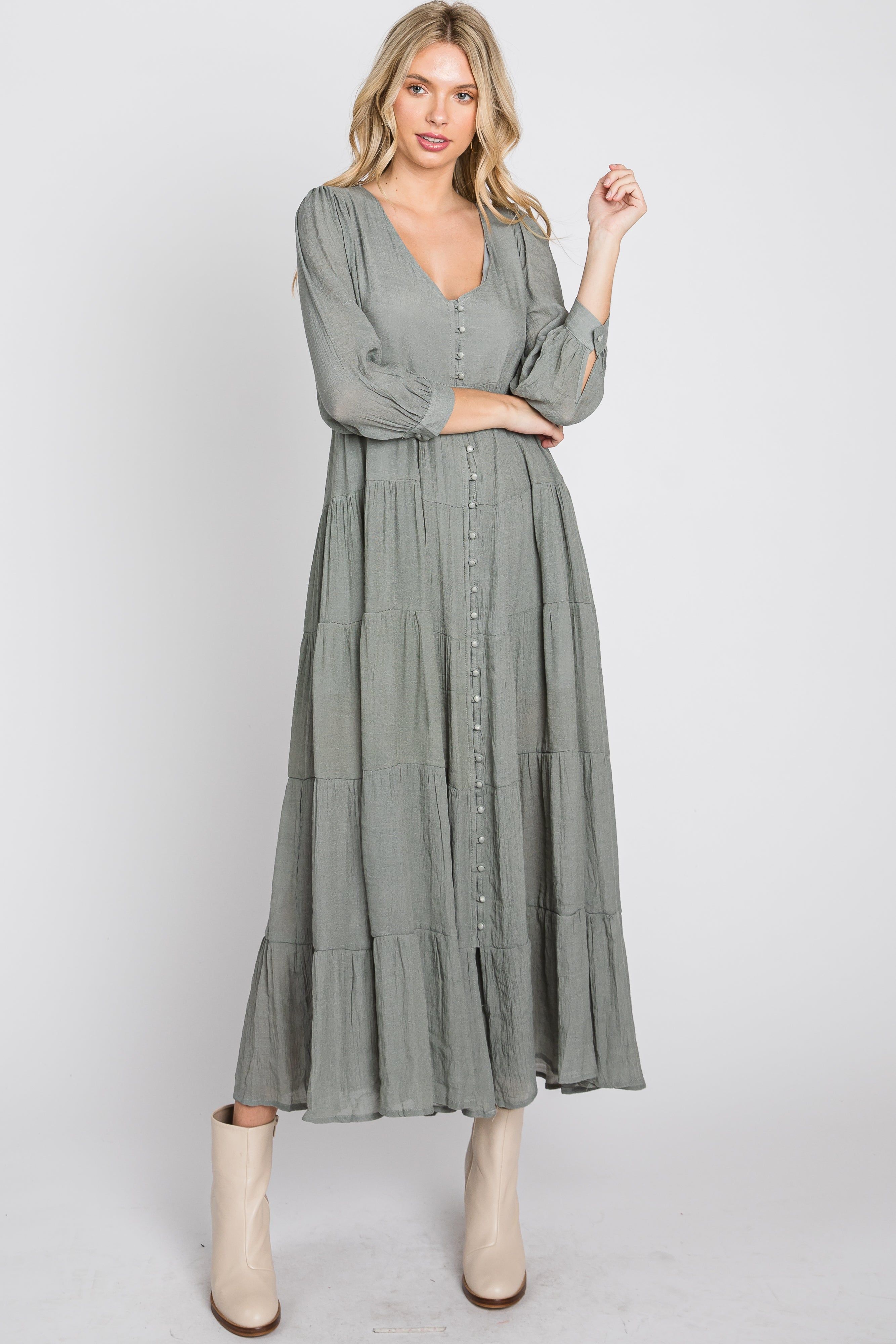 Light Olive Button Front Tiered Maternity Maxi Dress sold by Pinkblush product image thumbnail 4