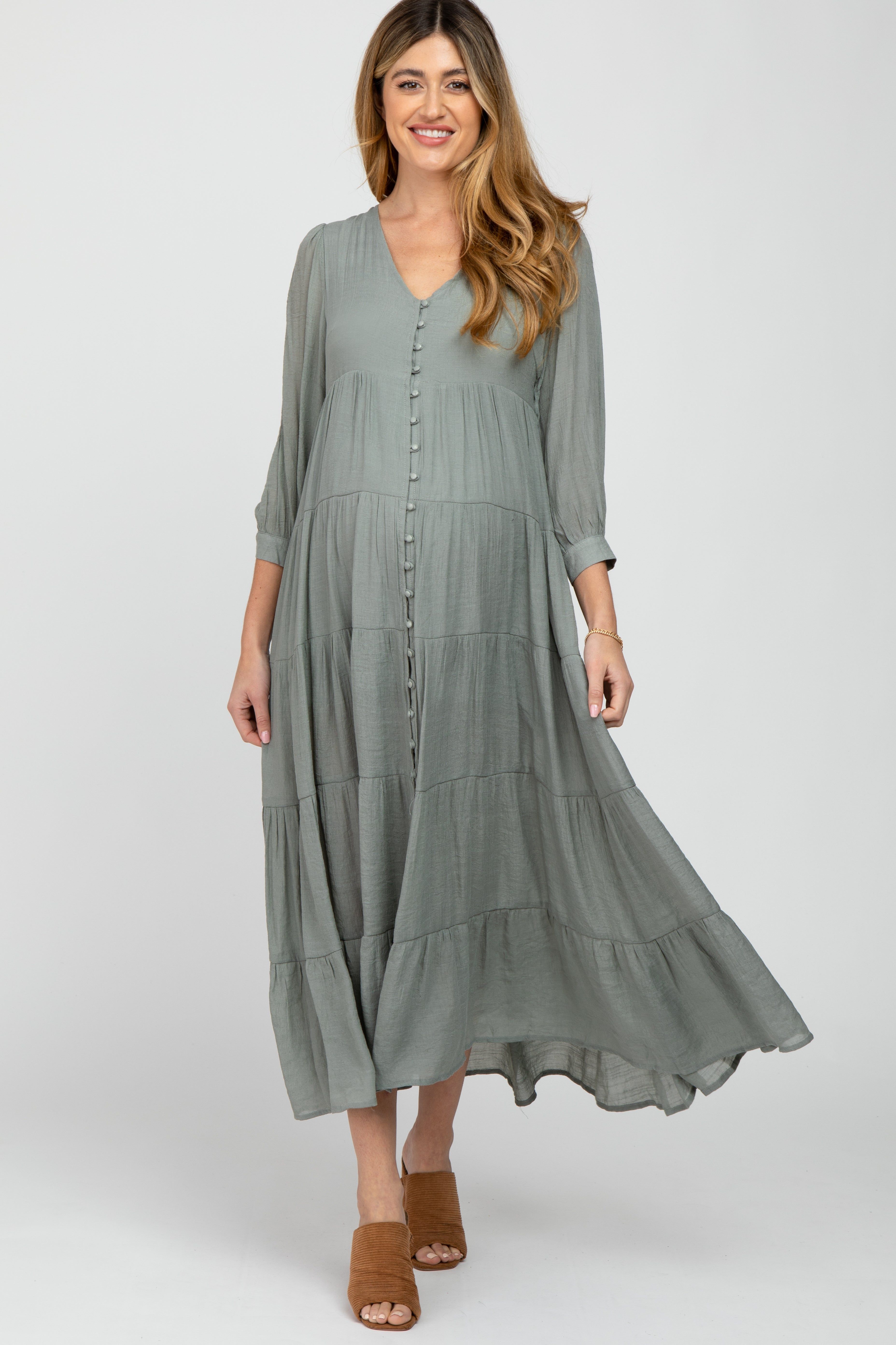 Light Olive Button Front Tiered Maternity Maxi Dress sold by Pinkblush