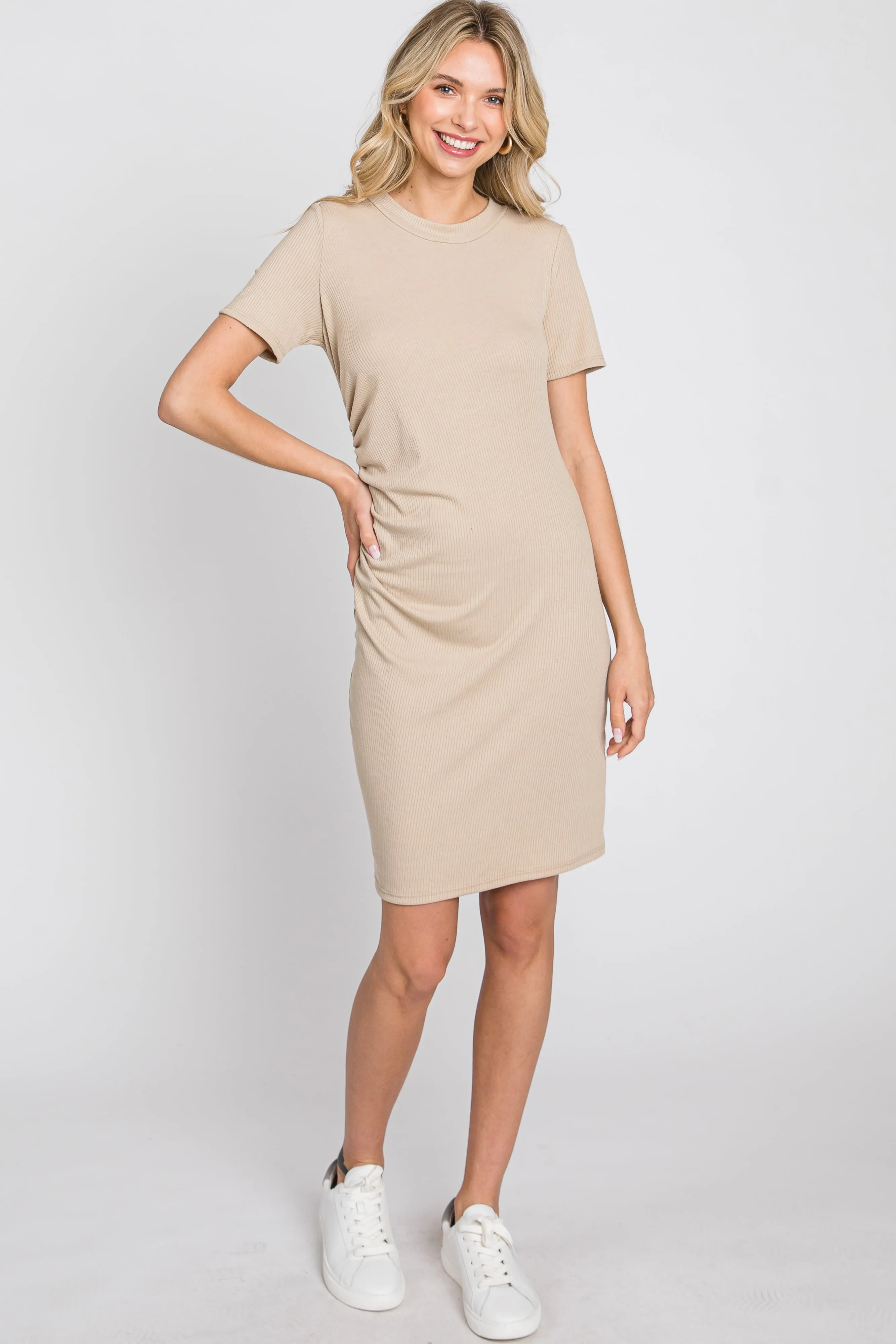 Beige Ribbed Ruched Side Fitted Short Sleeve Dress sold by Pinkblush product image thumbnail 2