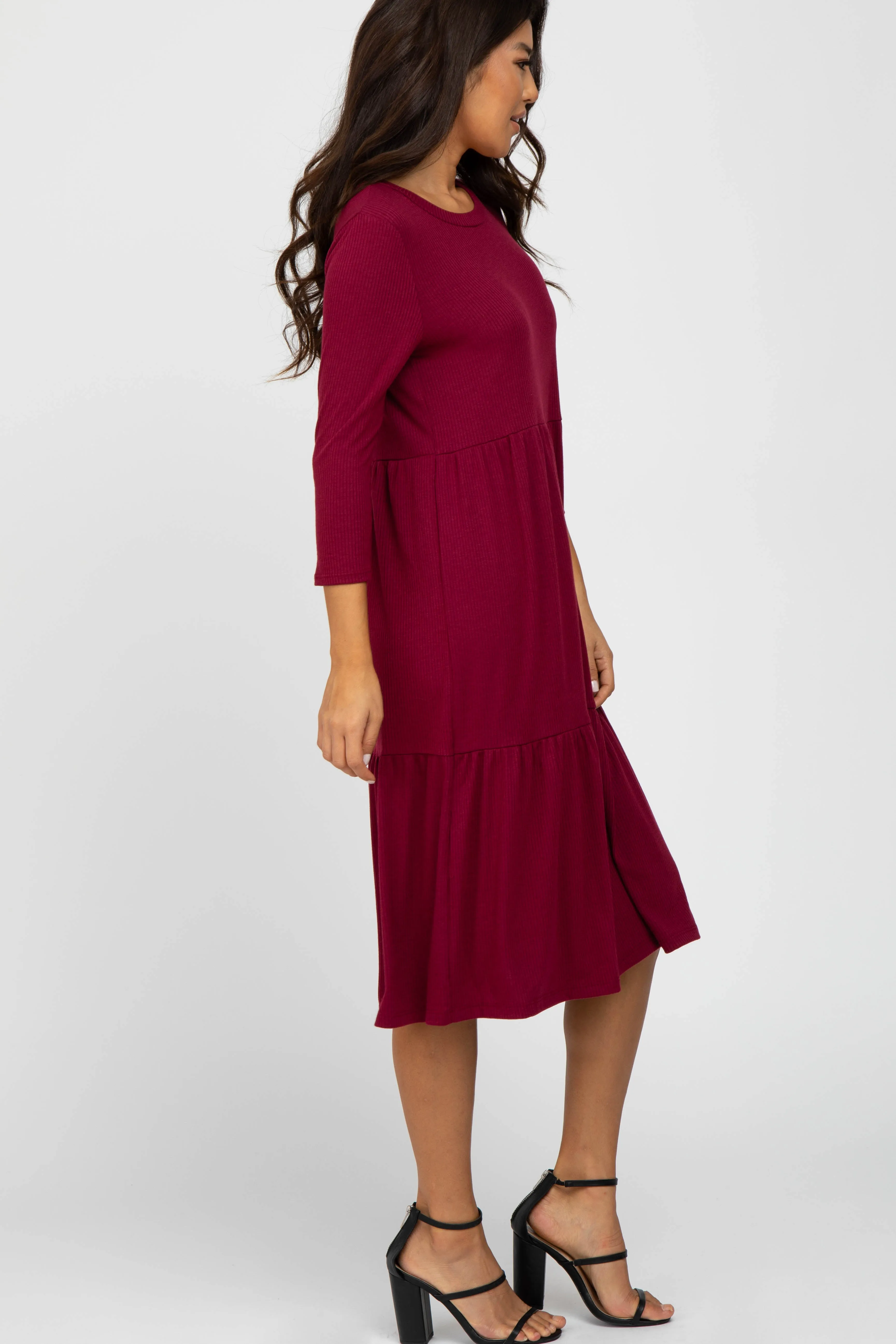 Burgundy Tiered Ribbed 3/4 Sleeve Midi Dress sold by Pinkblush product image thumbnail 3