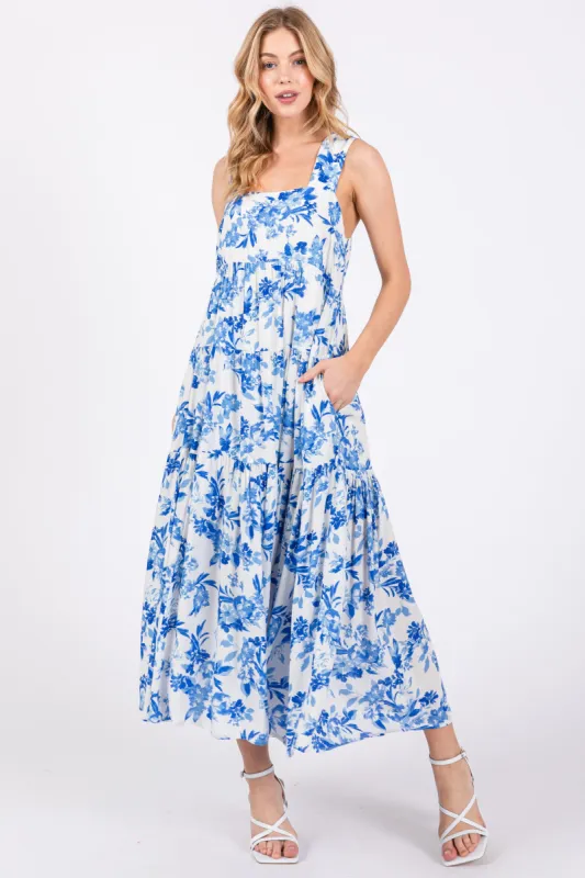 Blue Floral Sleeveless Tiered Maxi Dress sold by Pinkblush