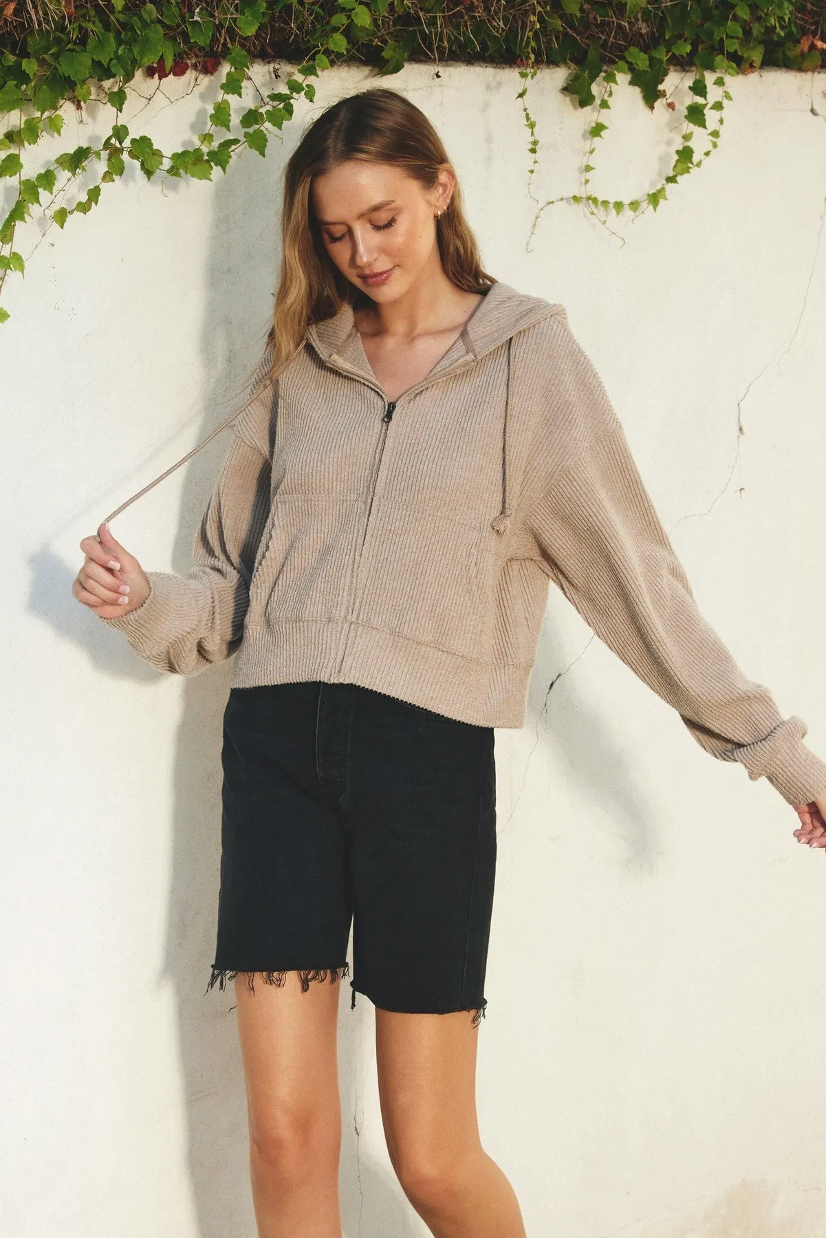 Oatmeal Ribbed Knit Full-Zip Hoodie sold by Pinkblush product image thumbnail 2