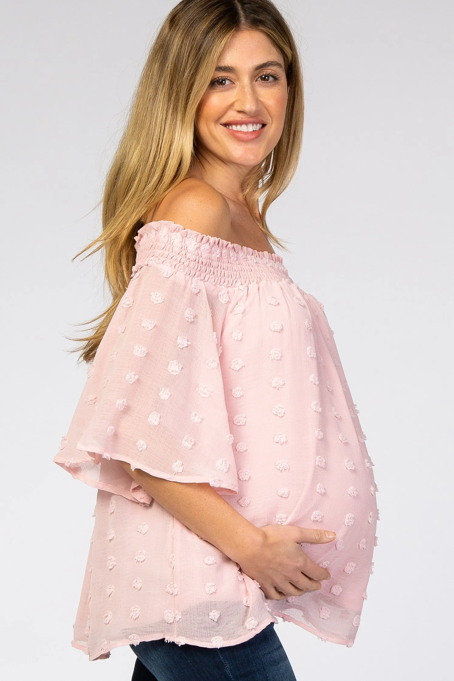 Light Pink Textured Dot Smocked Off Shoulder Chiffon Maternity Blouse sold by Pinkblush product image thumbnail 2