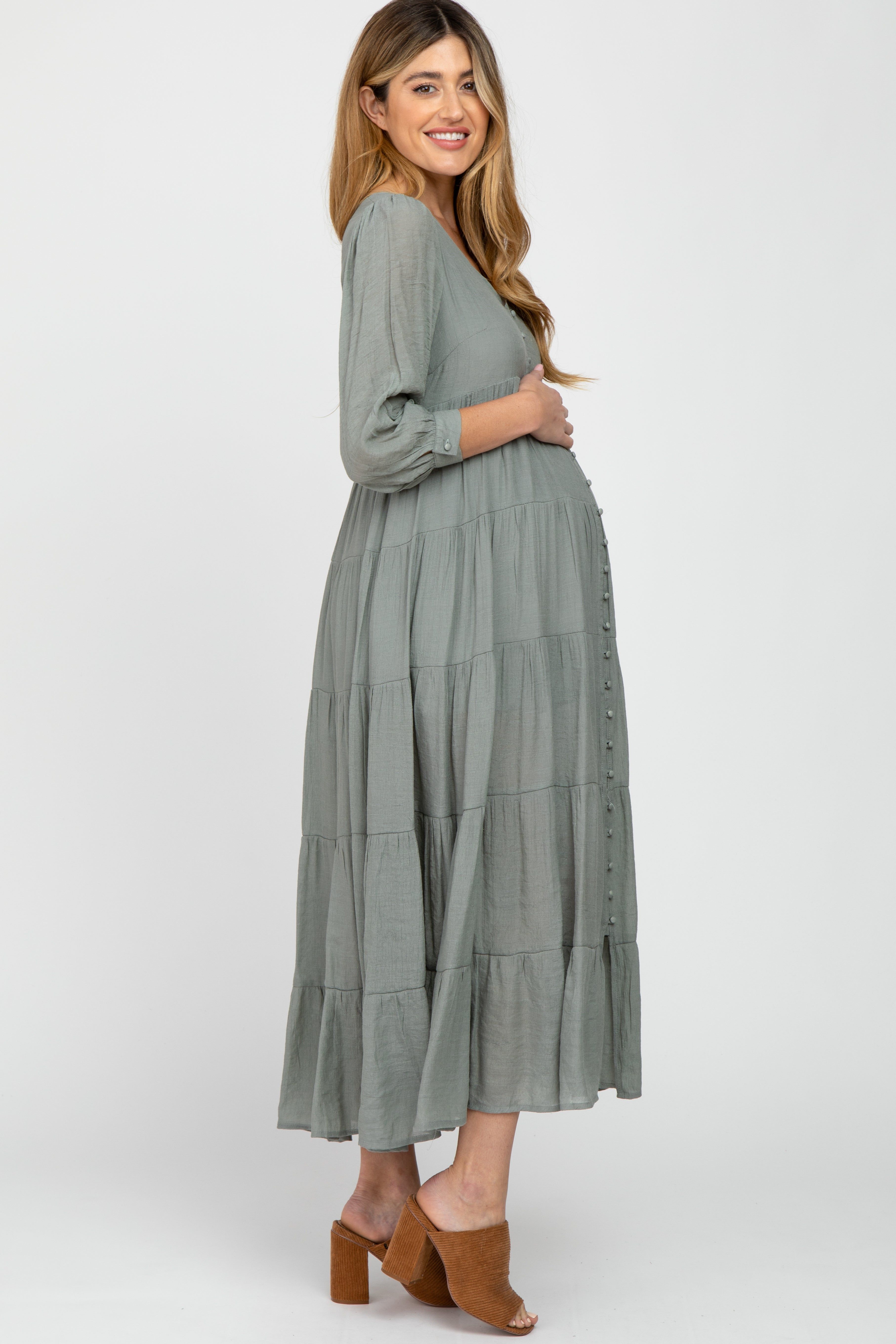 Light Olive Button Front Tiered Maternity Maxi Dress sold by Pinkblush product image thumbnail 2