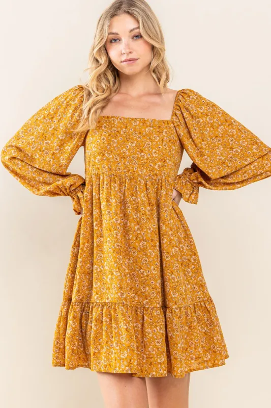 Gold Floral Chiffon Square Neck Ruffle Hem Dress sold by Pinkblush